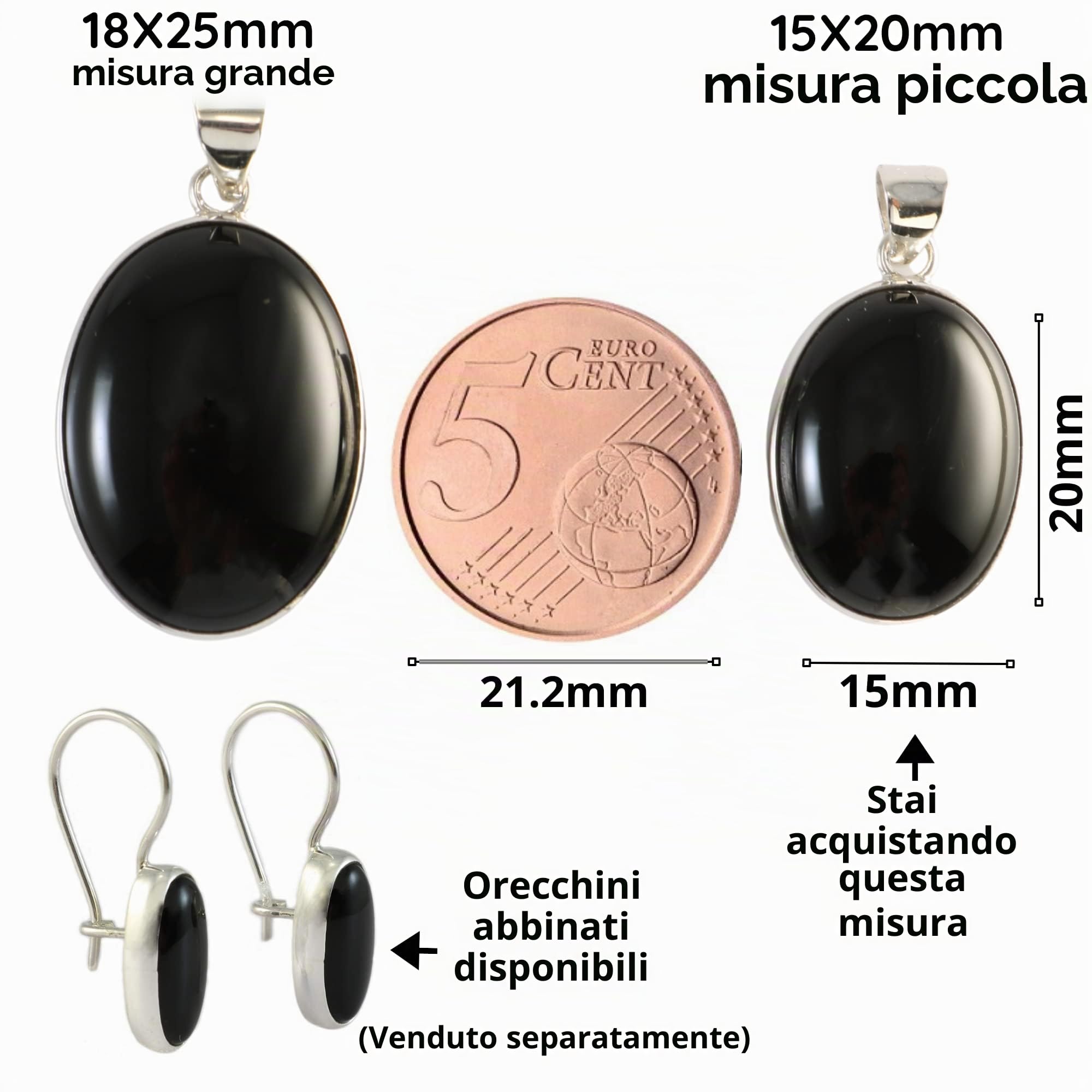 Collana con Ciondolo Piccolo Pietra Onice Nera Ovale 15x20mm in Argento Sterling 925 Fatto a Mano Catena 40+5cm
