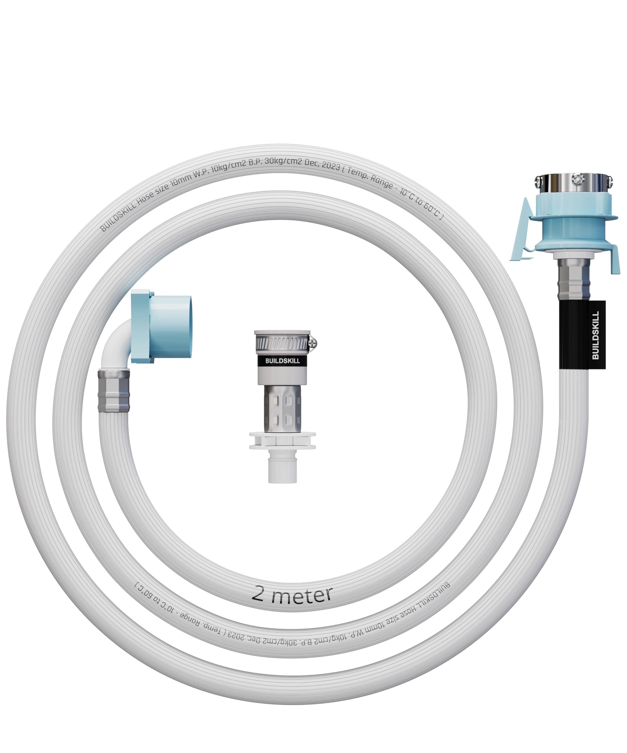 BUILDSKILL 2 Meter Fully Automatic washing machine inlet pipe | universal & normal tap adaptor connector | Burst proof | anti kink | Hot & Cold water washing machine pipe inlet | pressure resistant