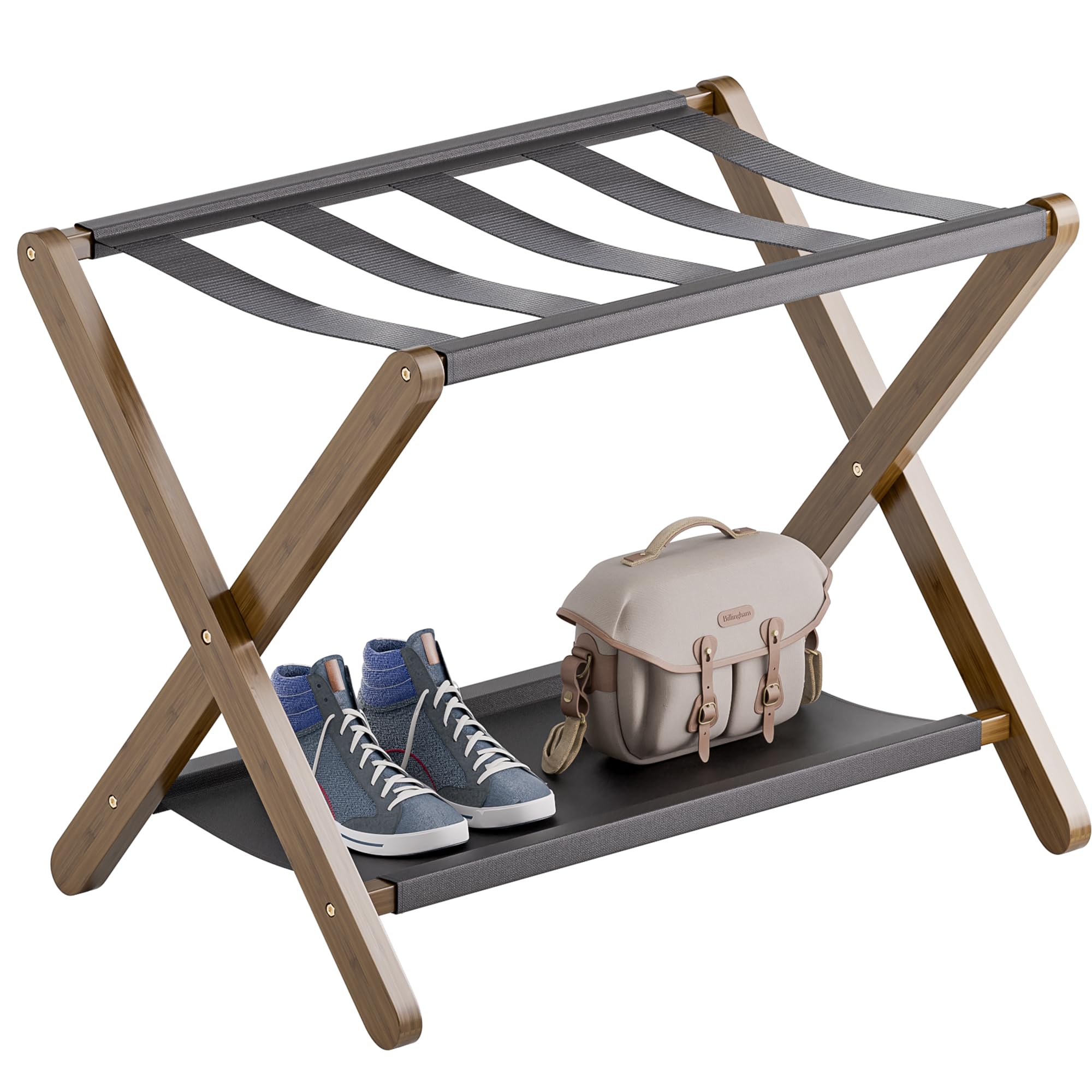 vovala Luggage Rack, Folding Suitcase Stand with Storage Shelf, Premium Bamboo Luggage Holder for Guest Room Bedroom, Hotel