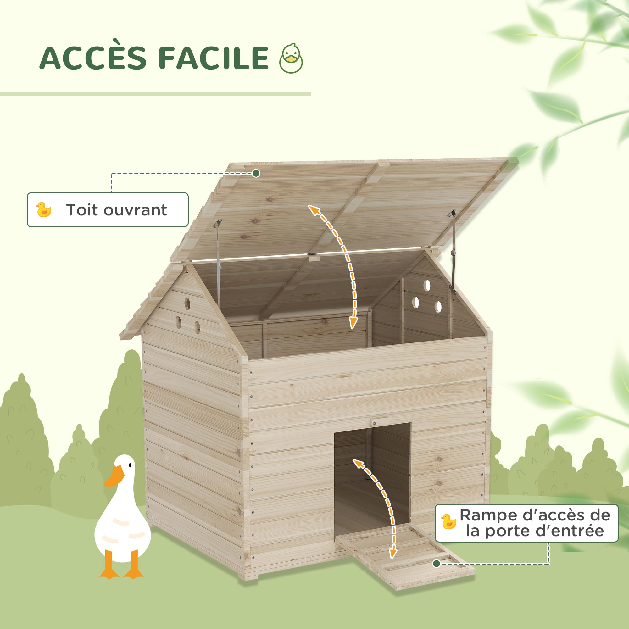 PawHut Casetta per anatre in legno con tetto apribile, 100 x 82,5 x 91 cm - Casa per anatre e oche con ventilazione e porta rampa - pollaio robusto 2-4 animali, facile pulizia, legno naturale