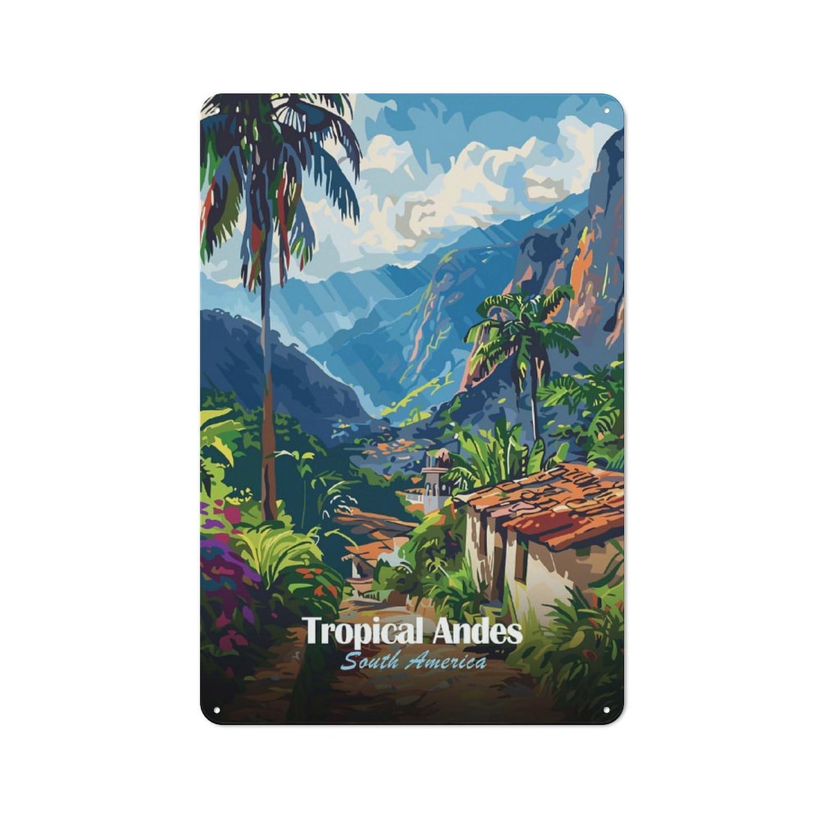 Junmoney Style-4 Tropical Andes South America Illustration Rustic Metal Plaque 30X20cm For Living Room Wall, Suited To Home Wall Decor Collectors