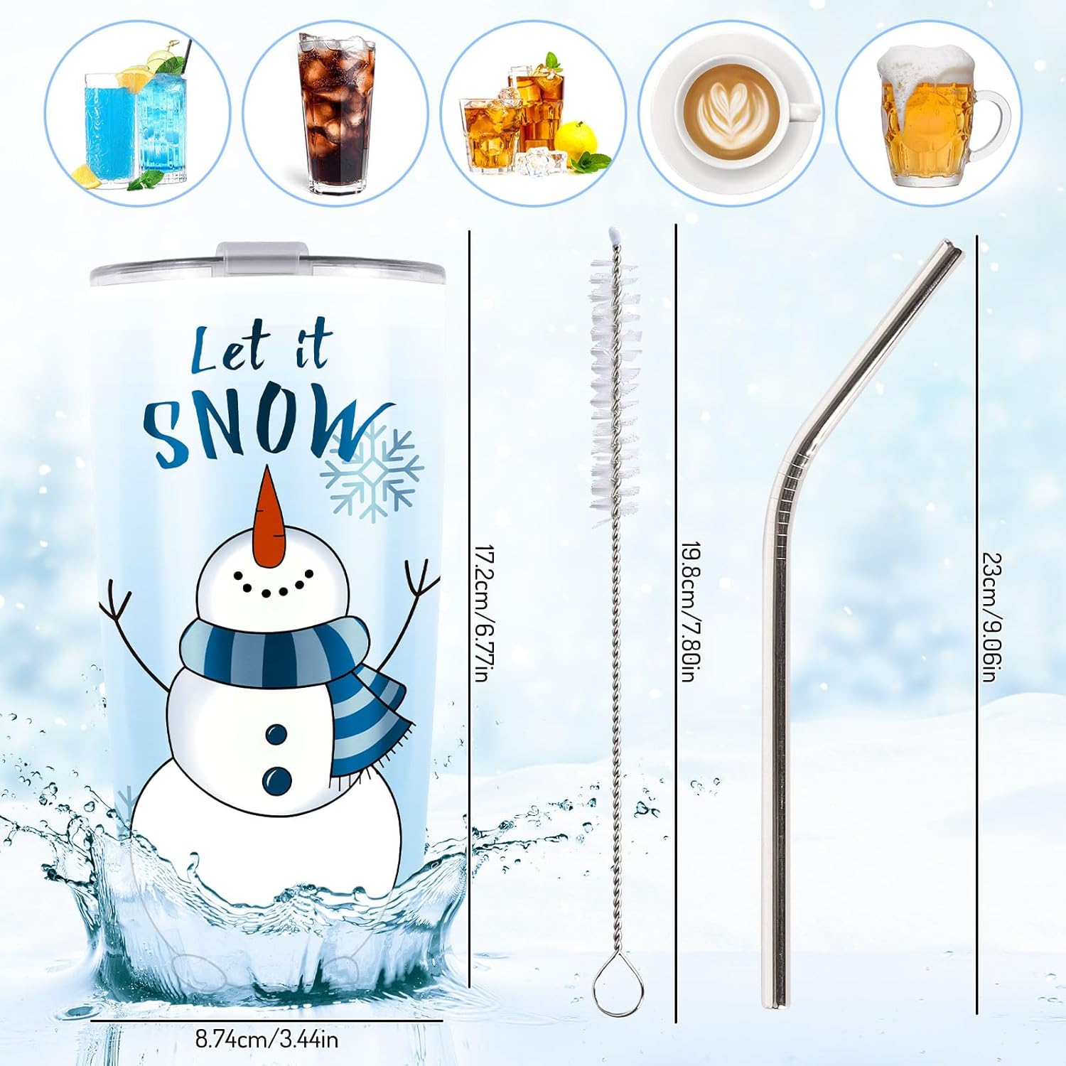 Whaline 2Pcs Christmas Tumbler Watercolor Snowman Stainless Steel Travel Tumbler with Straw and Brush Xmas Winter Holiday Coffee Mug Cup for Women Girlfriend Besties Wife Lover Spouse Birthday Gifts - Image 2