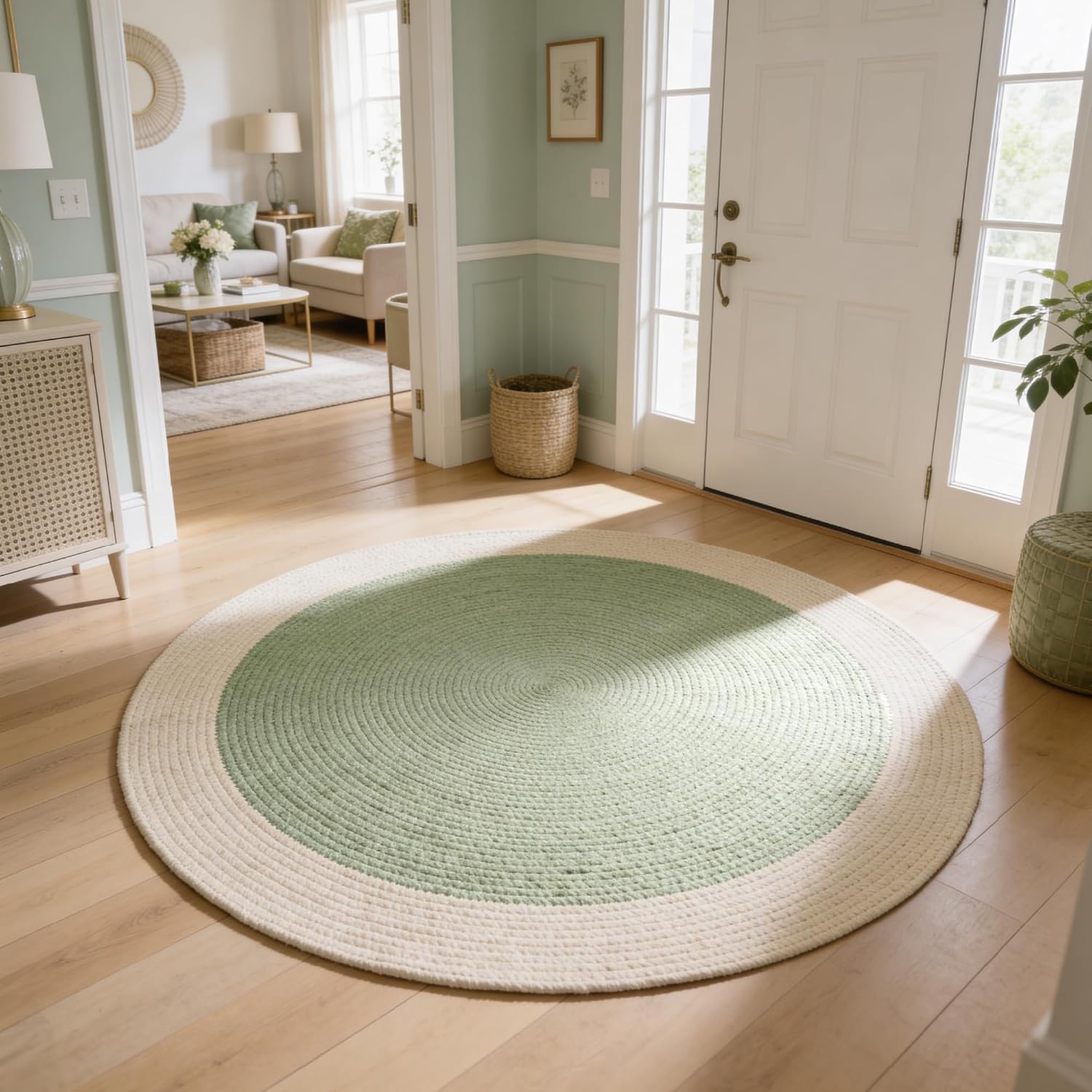 Round Braided Rug, Sage Green and Cream, Cotton, 100 cm | Two-Tone Design, Living Room & Entryway, Soft Woven Texture, Reversible, Floor Decor-picture-15