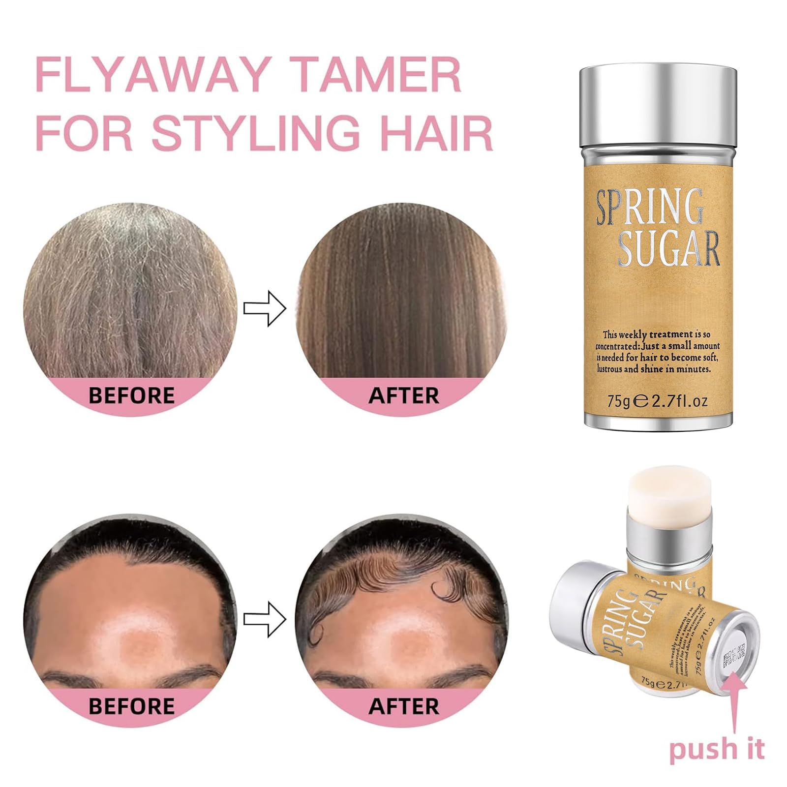 Slick Back Bâton de cire pour cheveux et brosse en poils de sanglier – Contrôle des bords et dompteur Flyaway pour tous les types de cheveux, styles élégants, queues de cheval, chignons et cheveux de