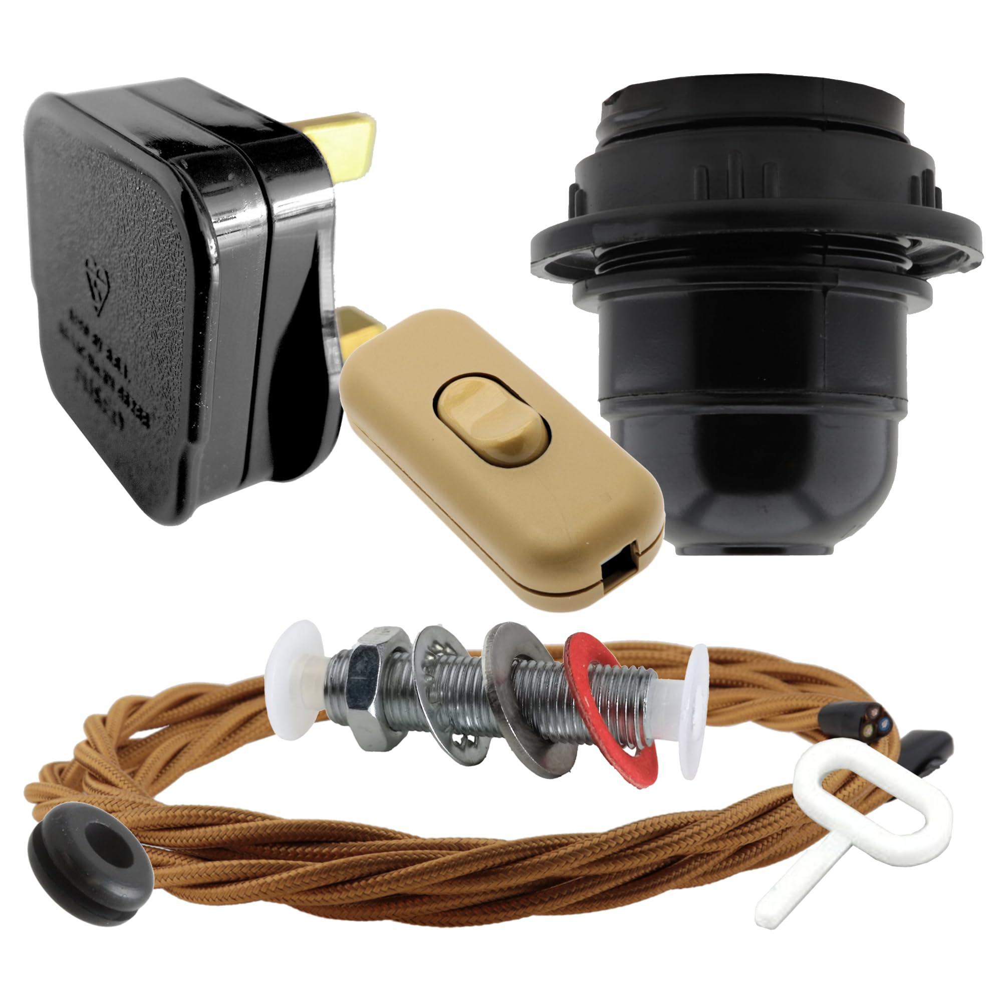 Art Deco Emporium Antique Gold Lamp Repair Kit|Black Plug| Flex|Gold Switch|E27 Black Bakelite Lamp Holder