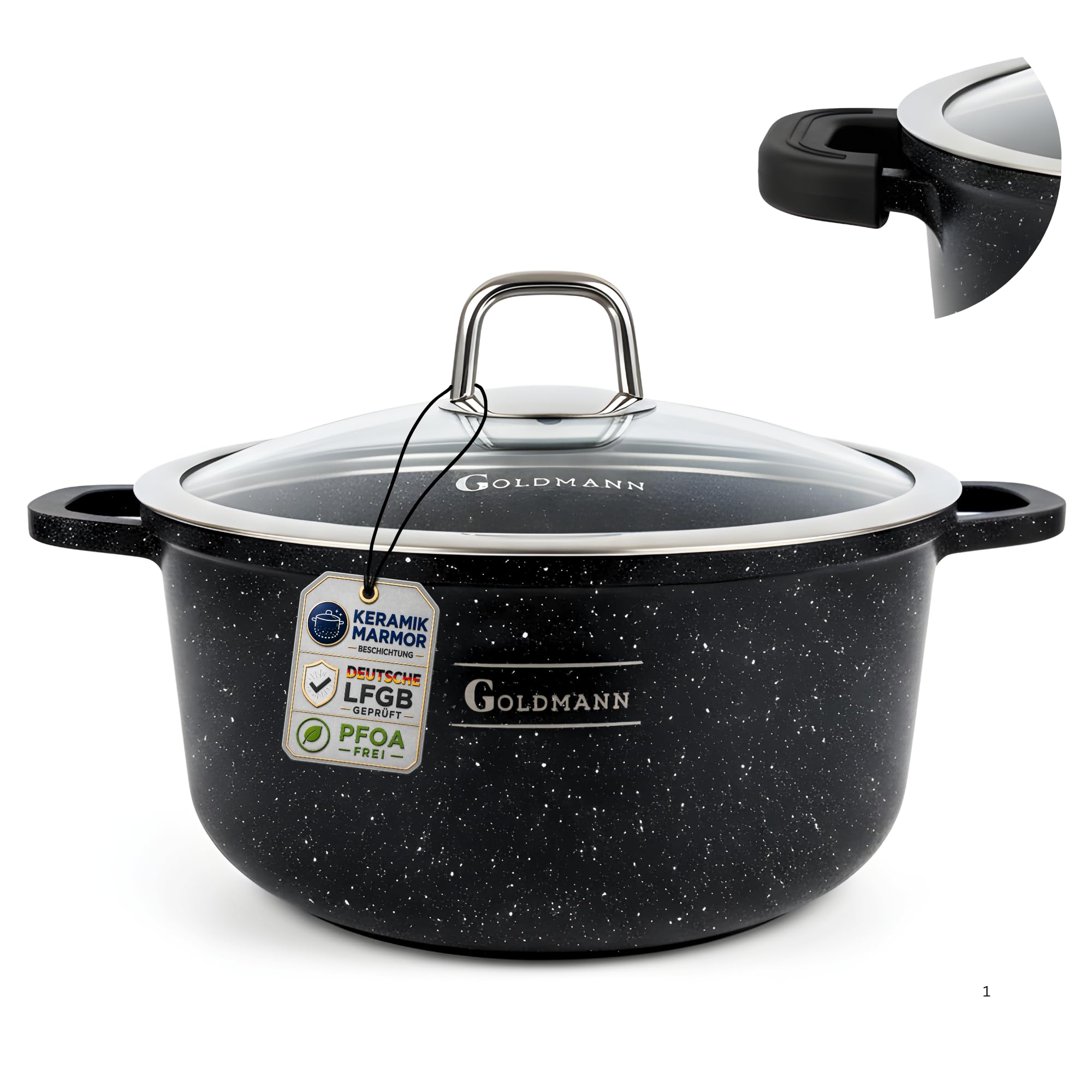 GOLDMANN Kochtopf aus Aluminiumguss, 24 cm - 4.5 L, antihaftbeschichtete Keramik-Marmor-Optik, Glasdeckel, induktions- und für alle Herdarten geeignet, ofenfest und PFOA-frei