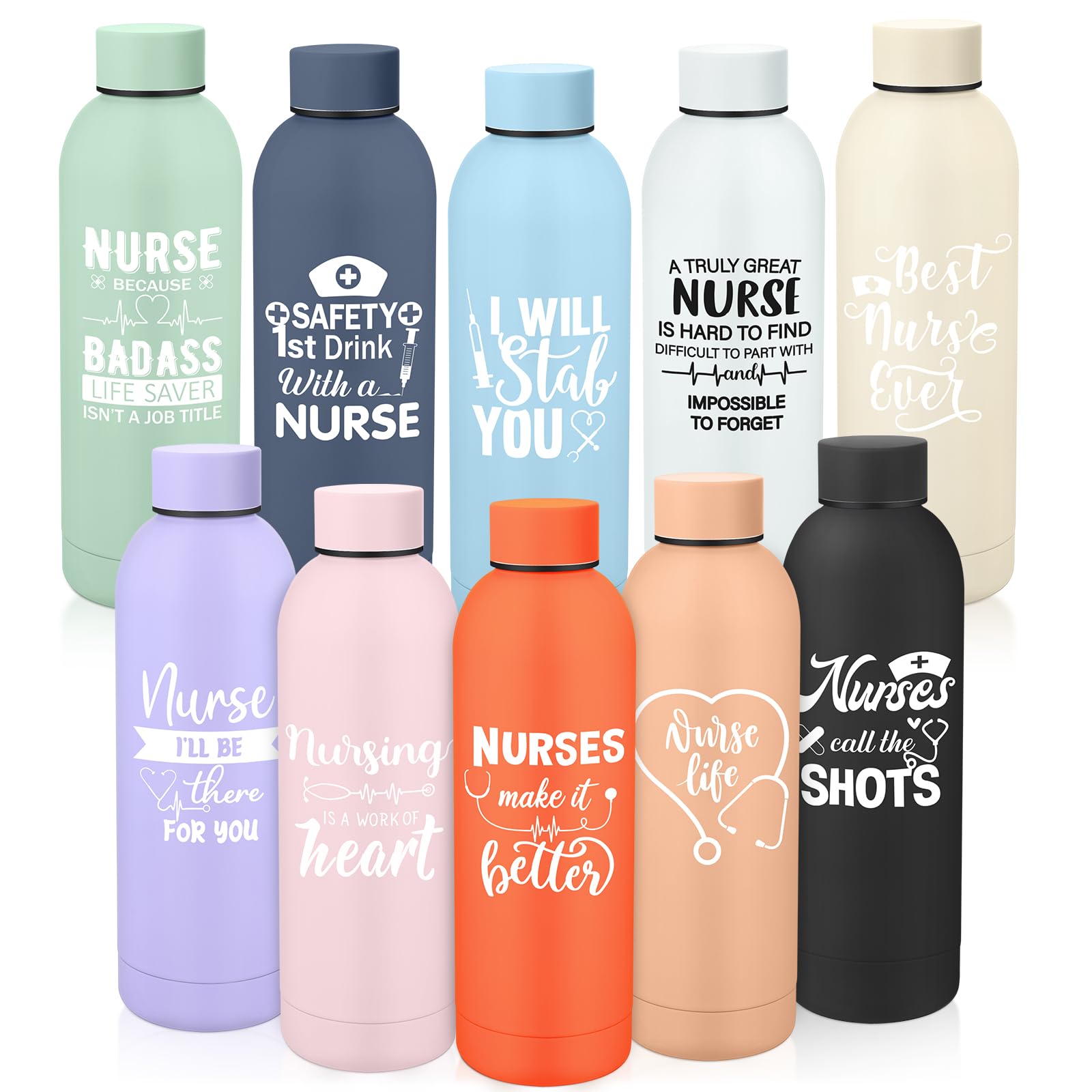 Reallnaive Nurse Appreciation Gift Bulk 17 oz Frosted Stainless Steel Thank You Water Bottle Double Wall 304 Matte Cup Tumbler Mug for Nurses Xmas