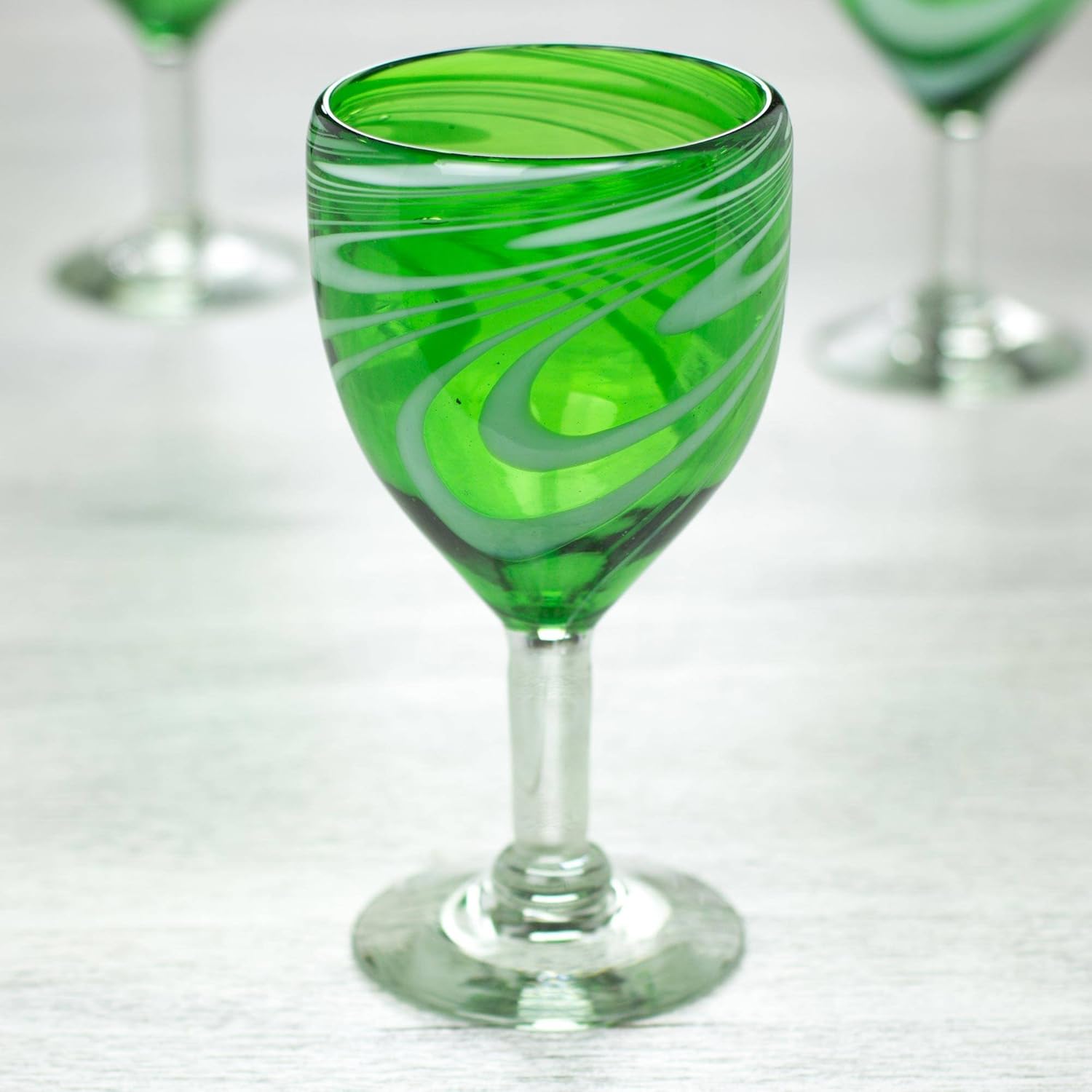 NOVICA Hand Blown Green Glass Wine Glasses, 10 Oz. 'Whirling Emerald' (Set of 6)