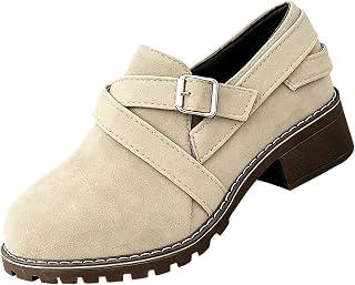 Ctreela Women's Suede Ankle Boots All‑Season Wear Rug Sole Boot with Buckle Strap, Chunky Block Heel Casual Western Style