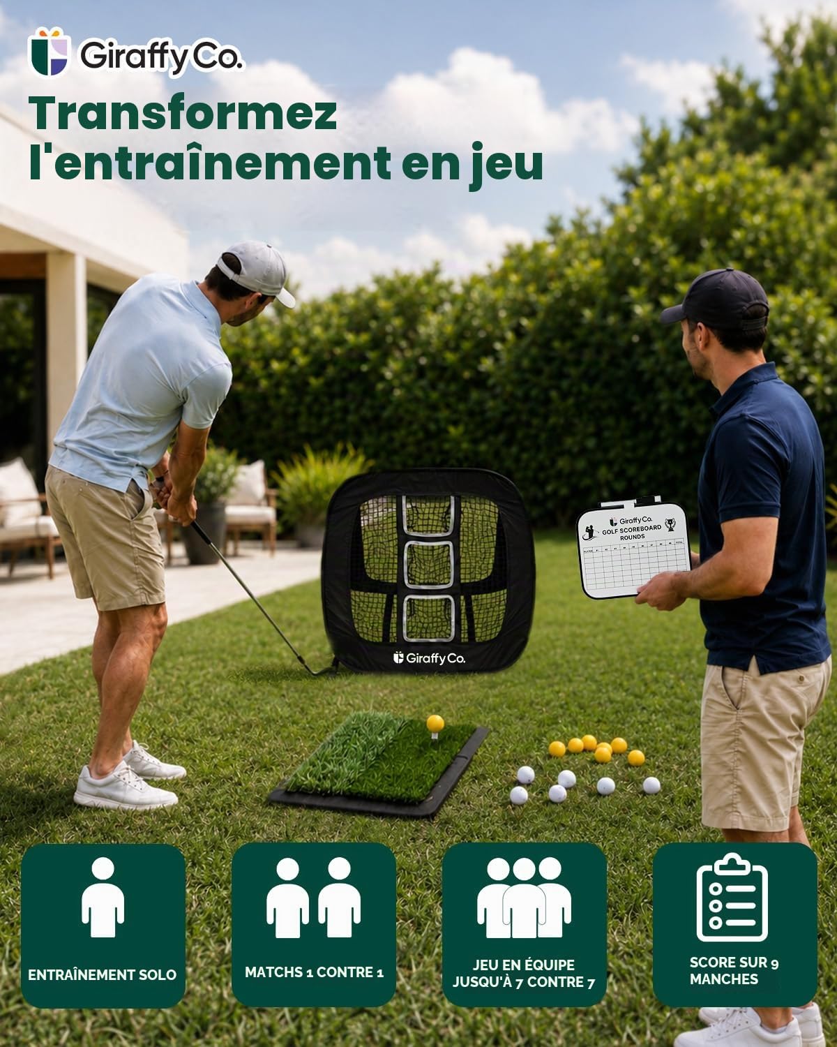 GIRAFFYCO Jeu de Chipping Golf avec Filet, Tapis Dual-Turf, Scoreboard 7v7