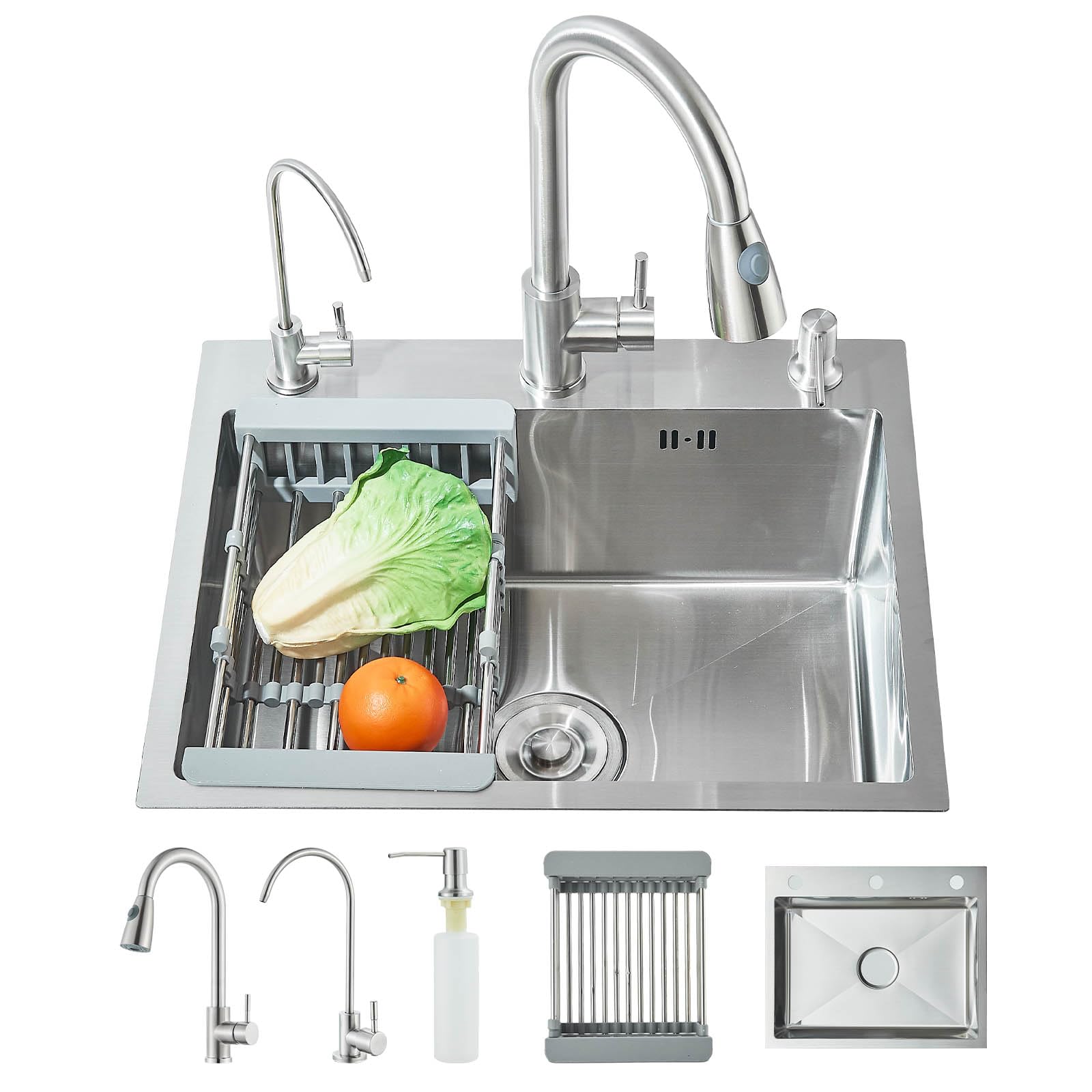 Fregadero de Cocina de Acero Inoxidable con Grifo Extraíble, Dispensador de Agua Pura y Jabón Líquido, Fregadero de Cocina de Acero Inoxidable Cepillado (55 cm × 45 cm)