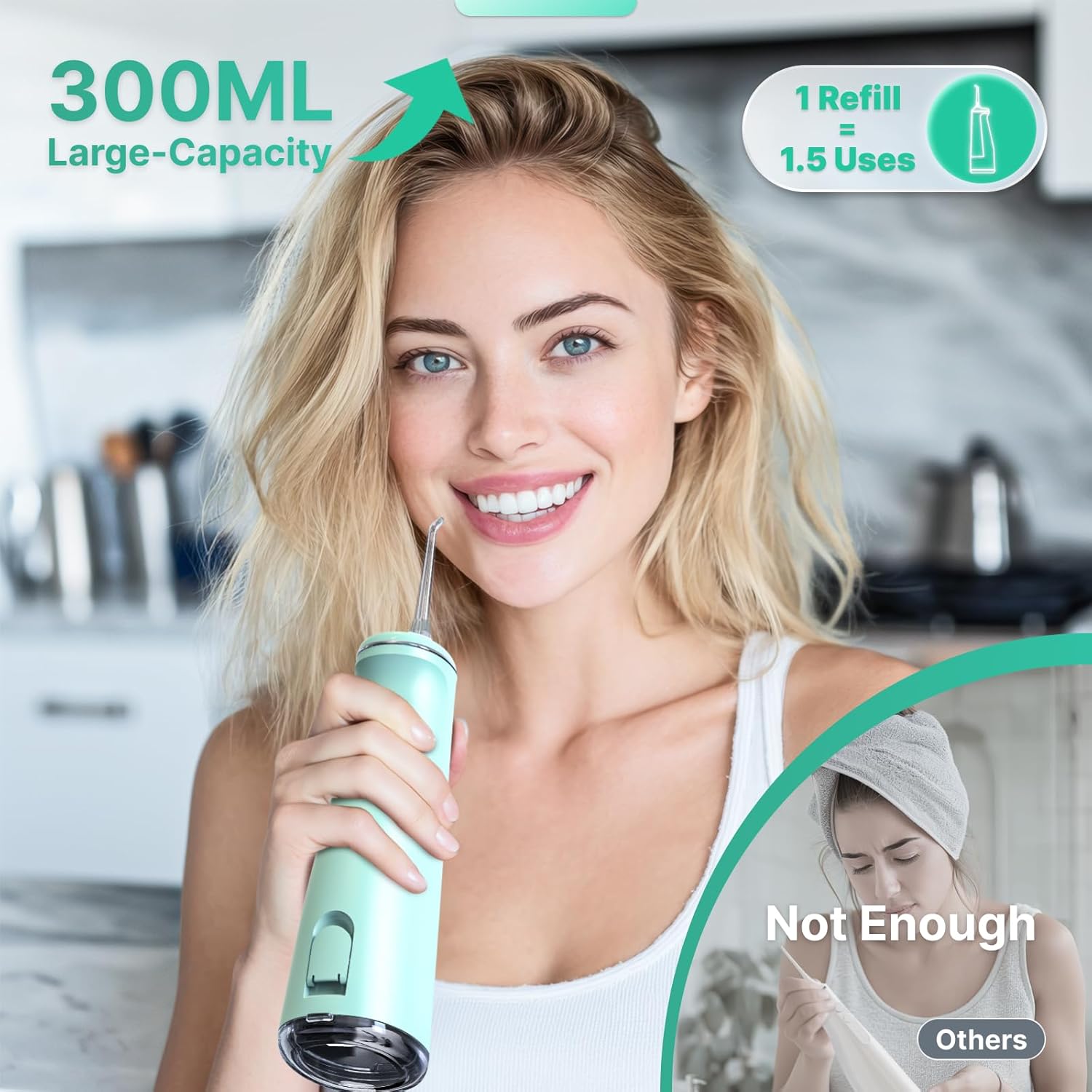 Water Flosser for Teeth, Cordless Oral Irrigator Portable Dental Cleaner Picks with 8 DIY Modes 7 Jets 300ml Tank Braces Flossers Rechargeable (Green)