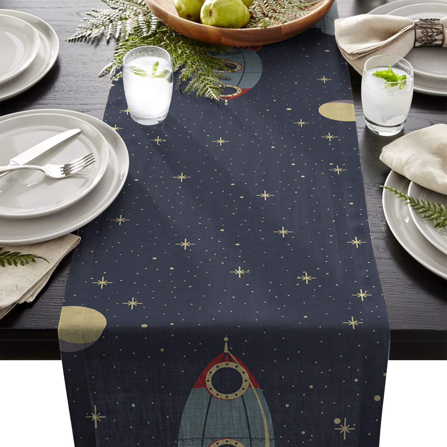 Cotton Linen Table Runner Dining Mats 16 x 72 inch, Space Theme Cute Cartoon Rocket Moon and Stars Pattern Polyester Blend Tablecloths, Home Kichen, Indoor Outdoor Parties, Gathering or Everyday Use