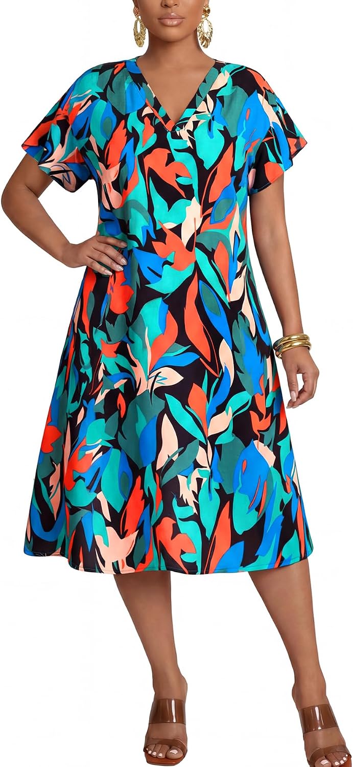 Rooscier Women's Floral A Line Summer Dress V Neck Short Sleeve Flowy Casual Long Sundress