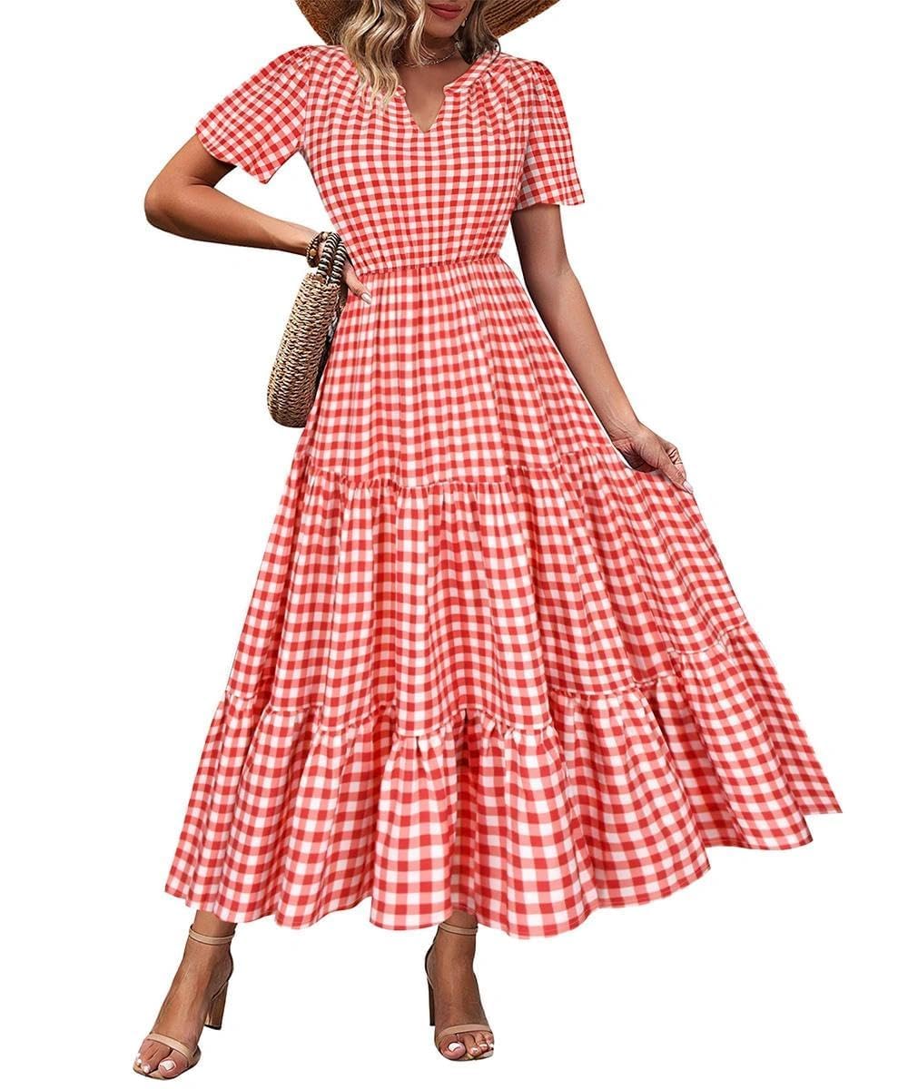 TIYOMI Women Plus Size Dress Boho V Neck Short Sleeve Beach Maxi Dresses Floral/Stripe/Leaves/Lemon XL-5XL