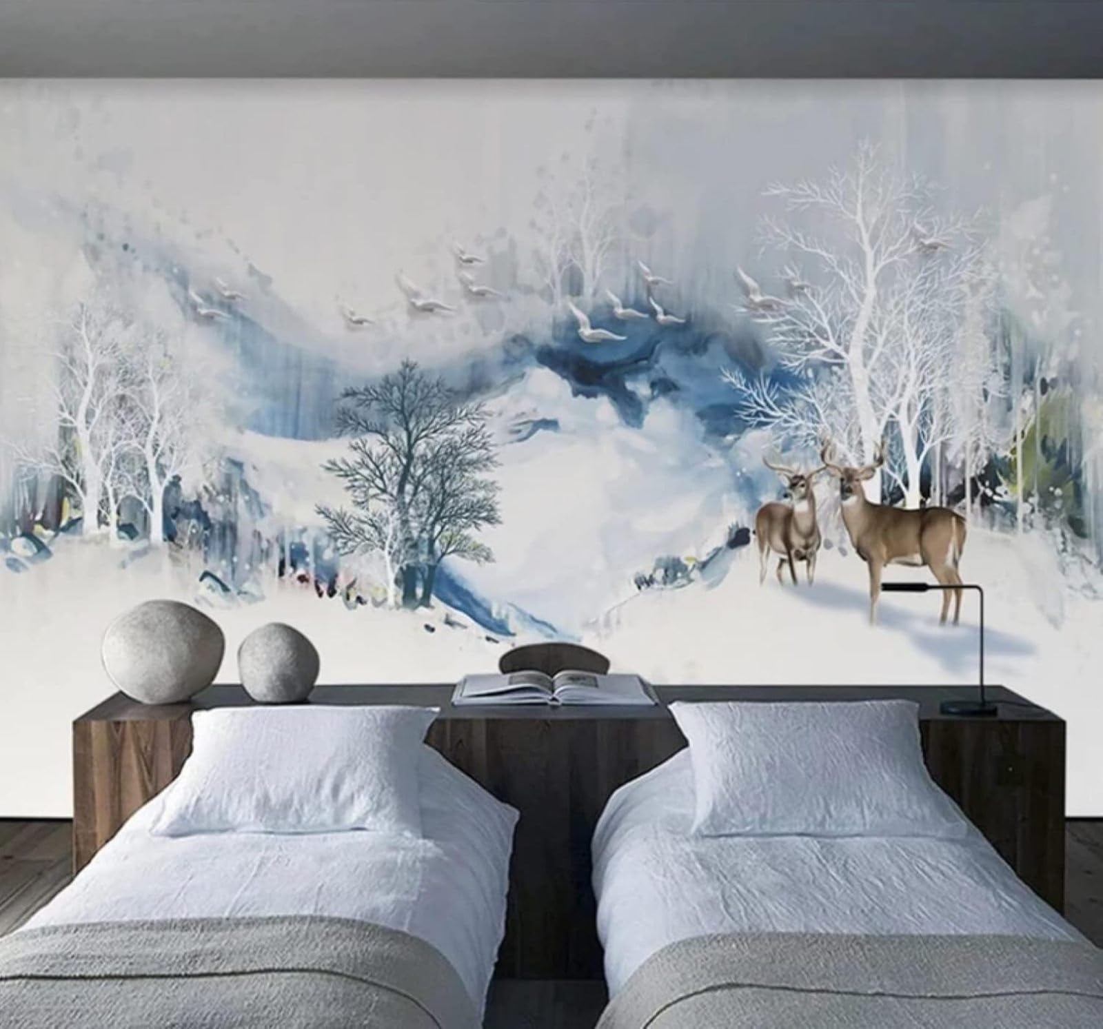 XLMING Abstract Ink Wash Snow Capped Mountains Forest Reindeer 3D Wallpaper Luxury Silk Study Dining Feature Sofa Grey Bedroom Living Room Tv Decorative Wall-300cm×210cm