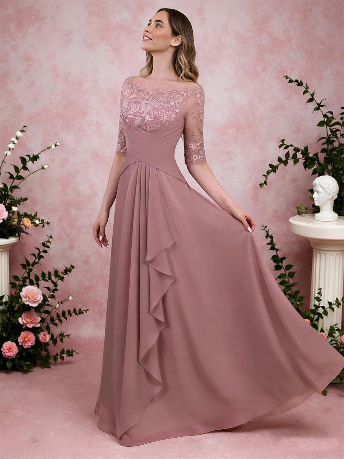 REIOKJ Lace Chiffon Mother of The Bride Dresses - 3/4 Sleeves Long Formal Evening Dress for Wedding - Image 3