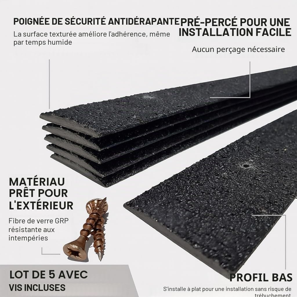 Bandes antidérapantes en PRV pour terrasses - Lot de 5 (50 mm x 400 mm) | Marches de sécurité antidérapantes pour terrasses en bois | Bandes antidérapantes pour sols extérieurs (noires)