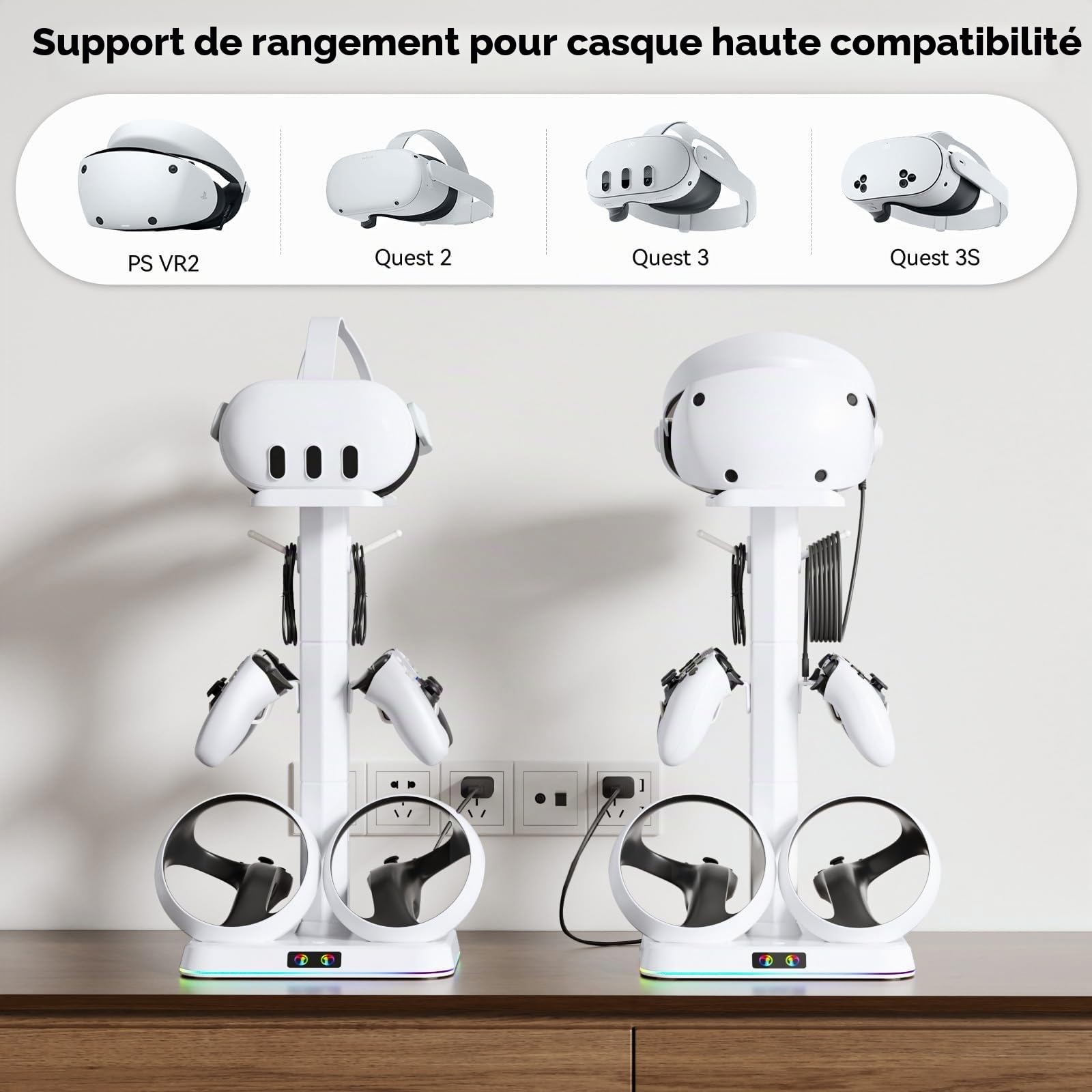 Kosker Support de Charge Multifonctionnel pour PS VR2 avec Rangement Étagère, Station de Charge Rapide Magnétique pour Manettes PlayStation VR, Accessoires pour Casque VR et Manettes