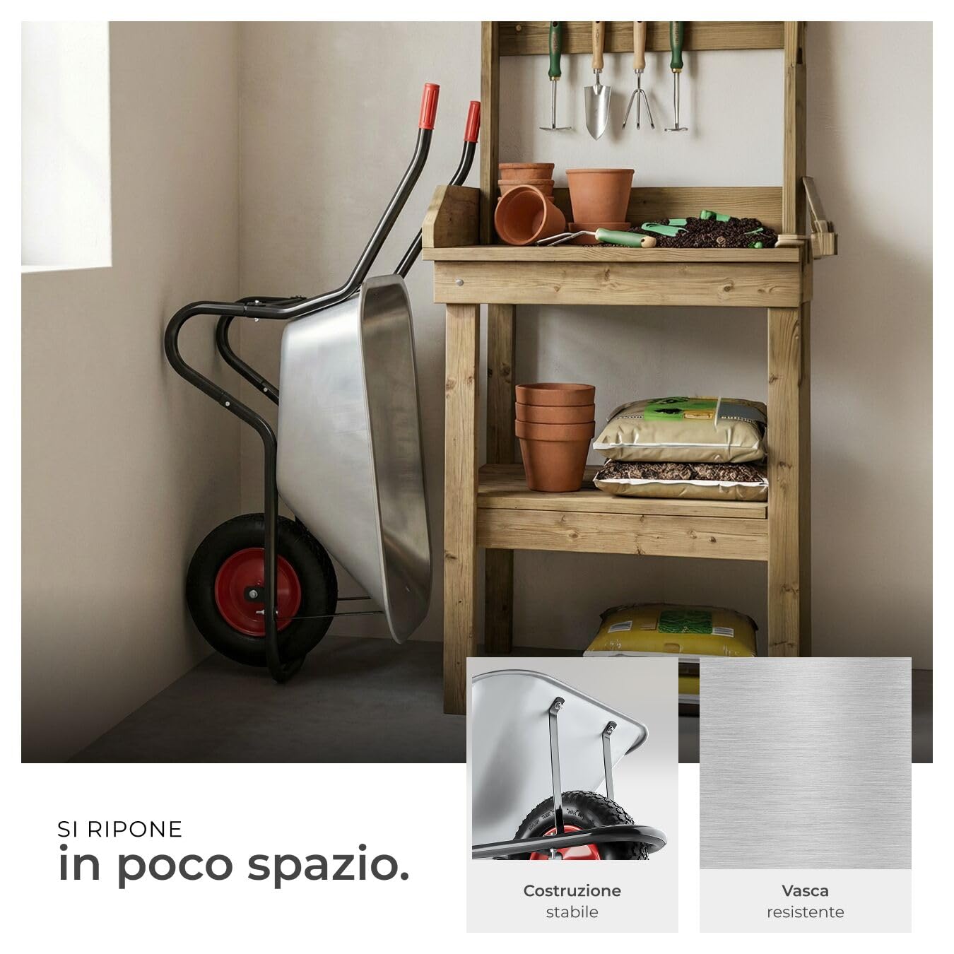 tectake® Carriola da Giardino, Volume 100L, Carico Max 250kg, Carrello da Giardino Porta Attrezzi, Vasca Zincata con 2 staffe di Rinforzo, Pneumatici Con Cerchio in Metallo Ø 38 cm, Manici Antiscivolo