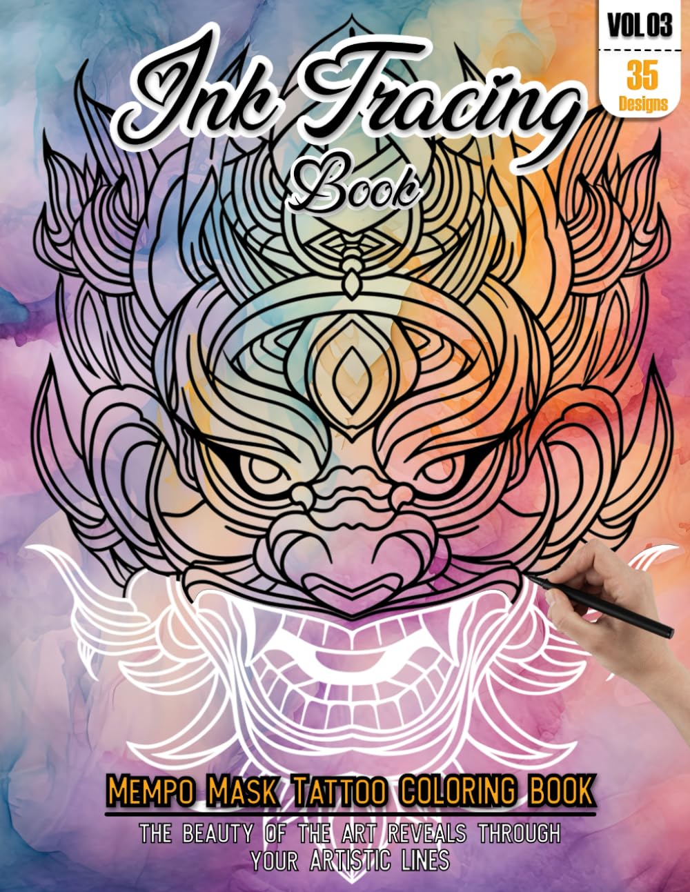 Ink Tracing Book: Stress relief Mempo Mask Tattoo Coloring Book for adults: mindfully Follow white lines to Uncover 35 beautiful Mask Tattoo arts | ... color pages a perfect gift for adults(Vol-03)