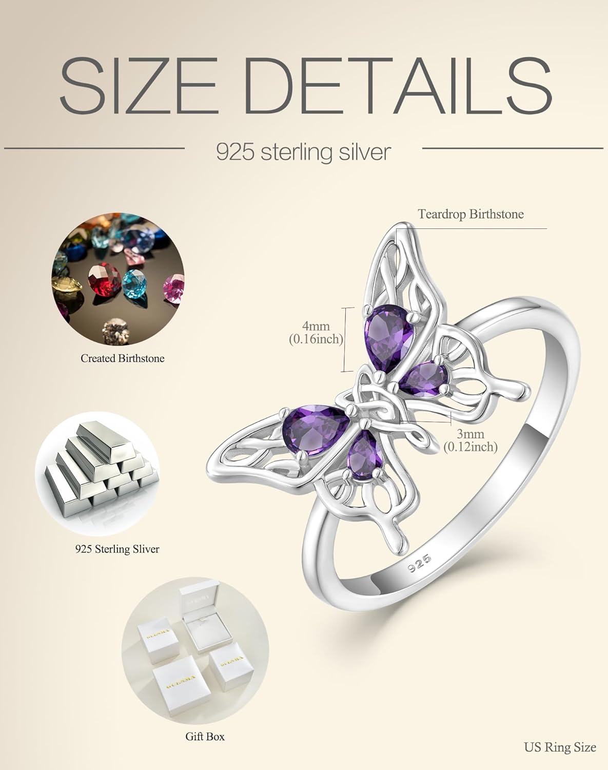 Big Butterfly Statement Ring for Women - Solid Sterling Silver 18K White Gold Plated Teardrop Pear Birthstone Bands Jewelry - Image 6