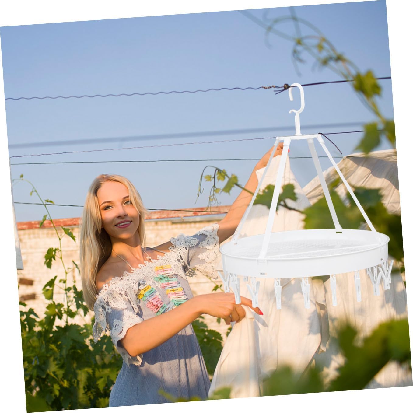 Veemoon Foldable Clothes Drying Rack with 18 Clips for Underwear Socks Towels, White Single-Layer Laundry Hanging Hook for Balcony Wind-Resistant Use