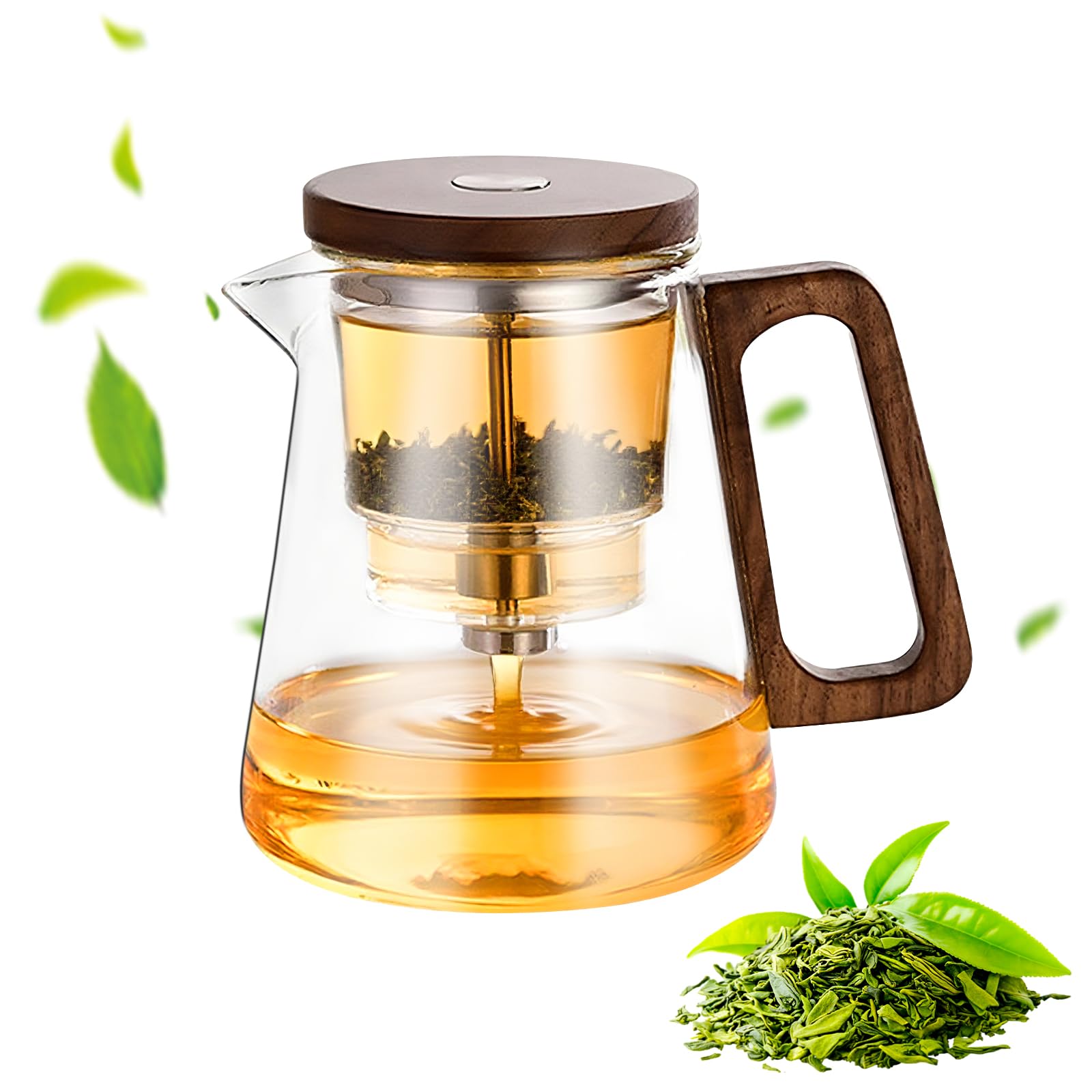 Théière Magique 800ml, Théière en Verre avec Infuseur, Tea Pot en Verre avec Séparation de L'eau, avec Poignée en Bois, Tea Pot Transparente, pour Brasser, Filtrer les Feuilles en Vrac