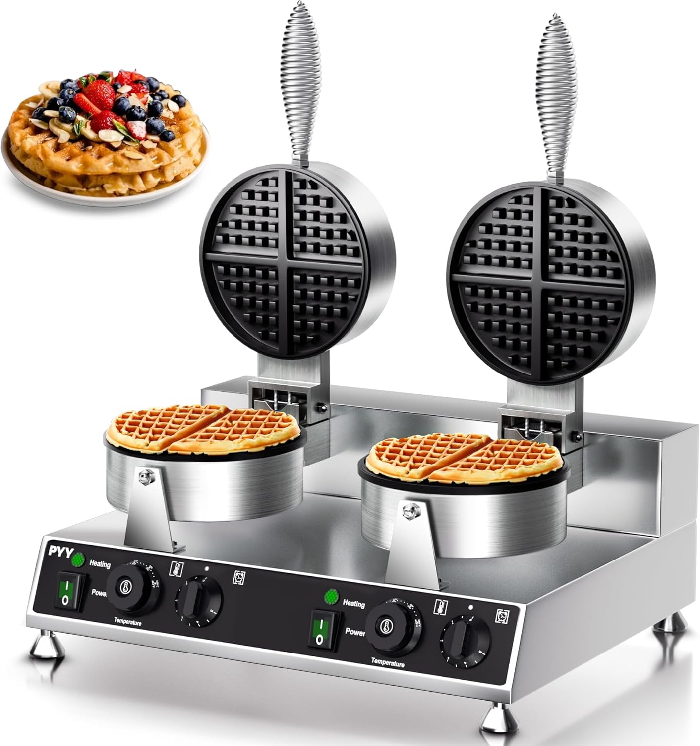 PYY Commercial Waffle Maker - Double Waffle Maker 2500W Large Stainless Steel，Silver Non-stick Electric Chaffle Maker for Restaurants, and Carnival Events