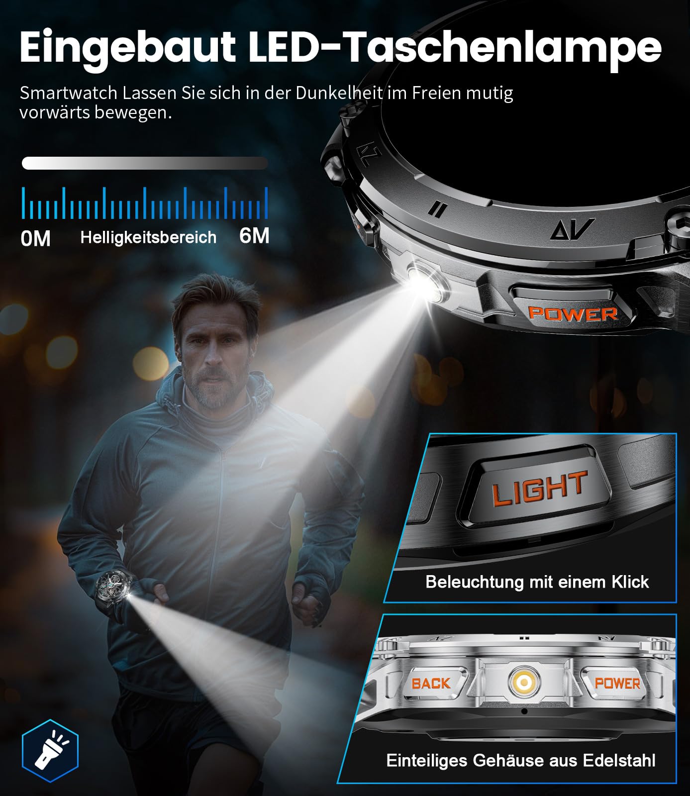 LIGE Smartwatch Uomo Militare, 1.43'' AMOLED Orologio Smartwatch Uomo con Torcia LED, 530mAh, IP68 Impermeabile, 120+ Modalità Sportive, Cardiofrequenzimetro Sonno Contapassi per Android iOS