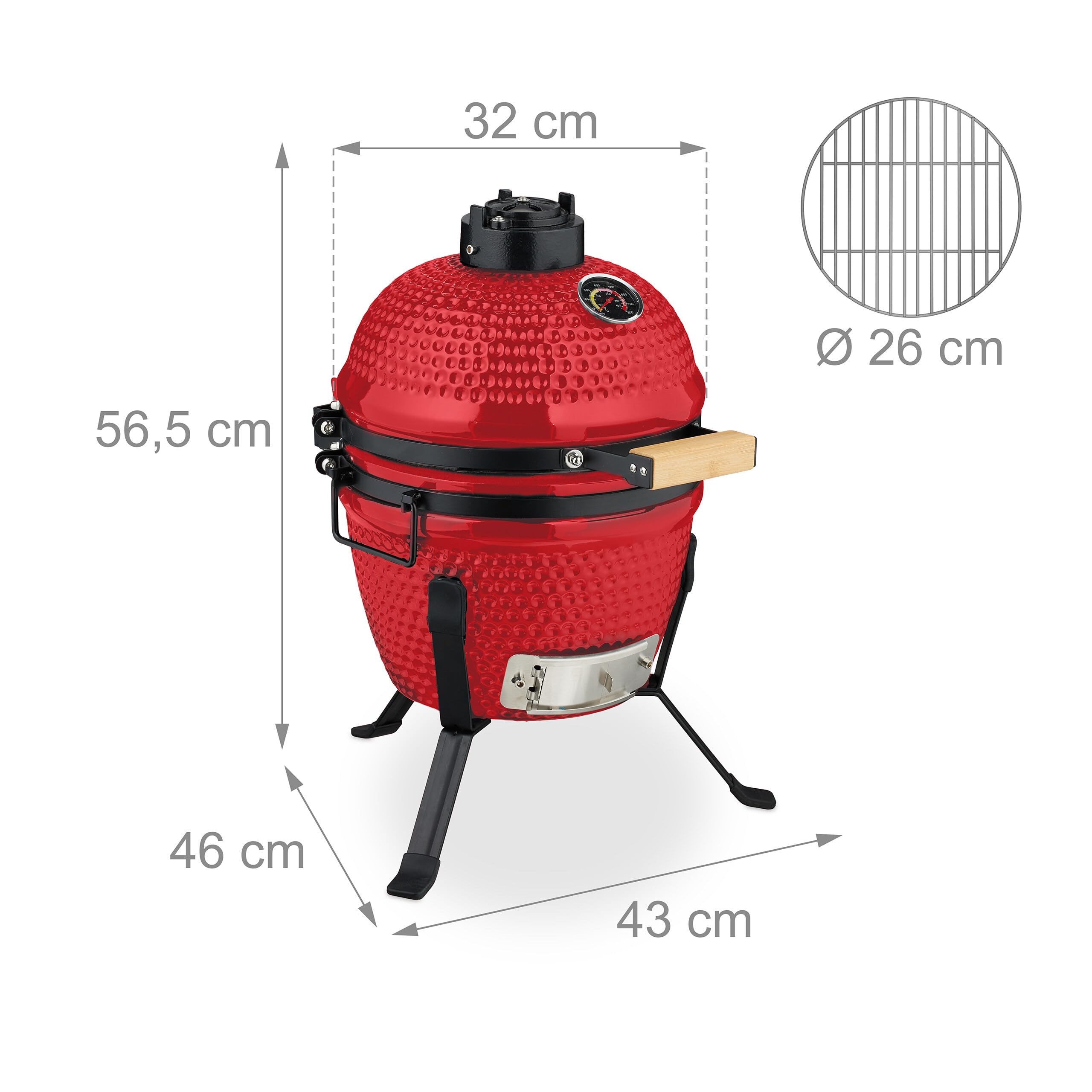 Relaxdays Kamado Grill, Ø 26 cm, japoński grill ceramiczny z termometrem 450°C, grill, wędzarnia, pokrywa, czerwony
