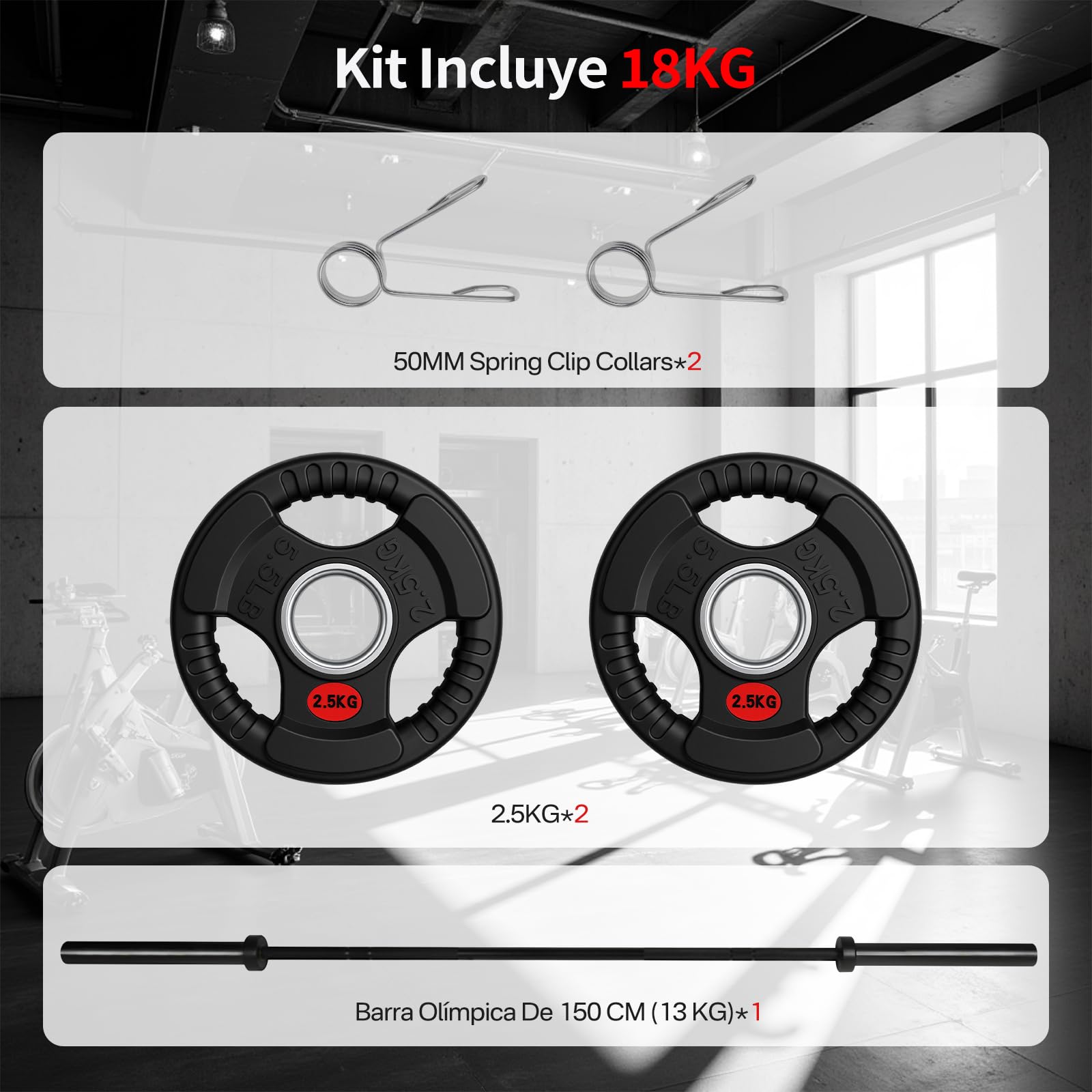 ALLINLIFE Barra Olímpica Ø50mm Recta de 1.5m, 1.8m y 2.2m Compatibles con Discos de Ø50mm - Barra de Halterofilia para Gimnasio con Cierres de Resorte