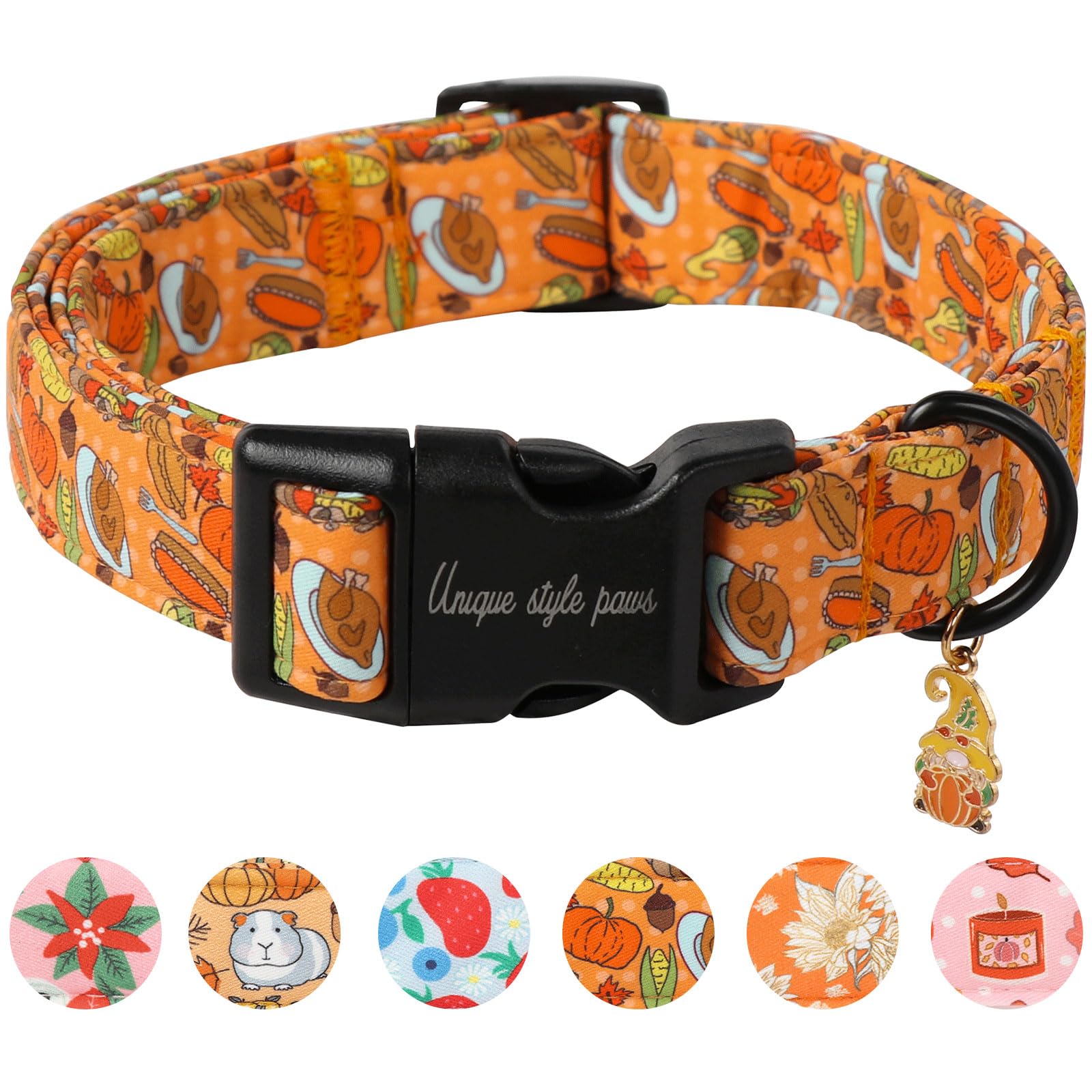 Unique Style Paws Fall Dog Collar, Orange Thanksgiving Pet Collar with Turkey, Pumpkin,Corns, Leaves Pattern, Delicate Pet Gift for Halloween,