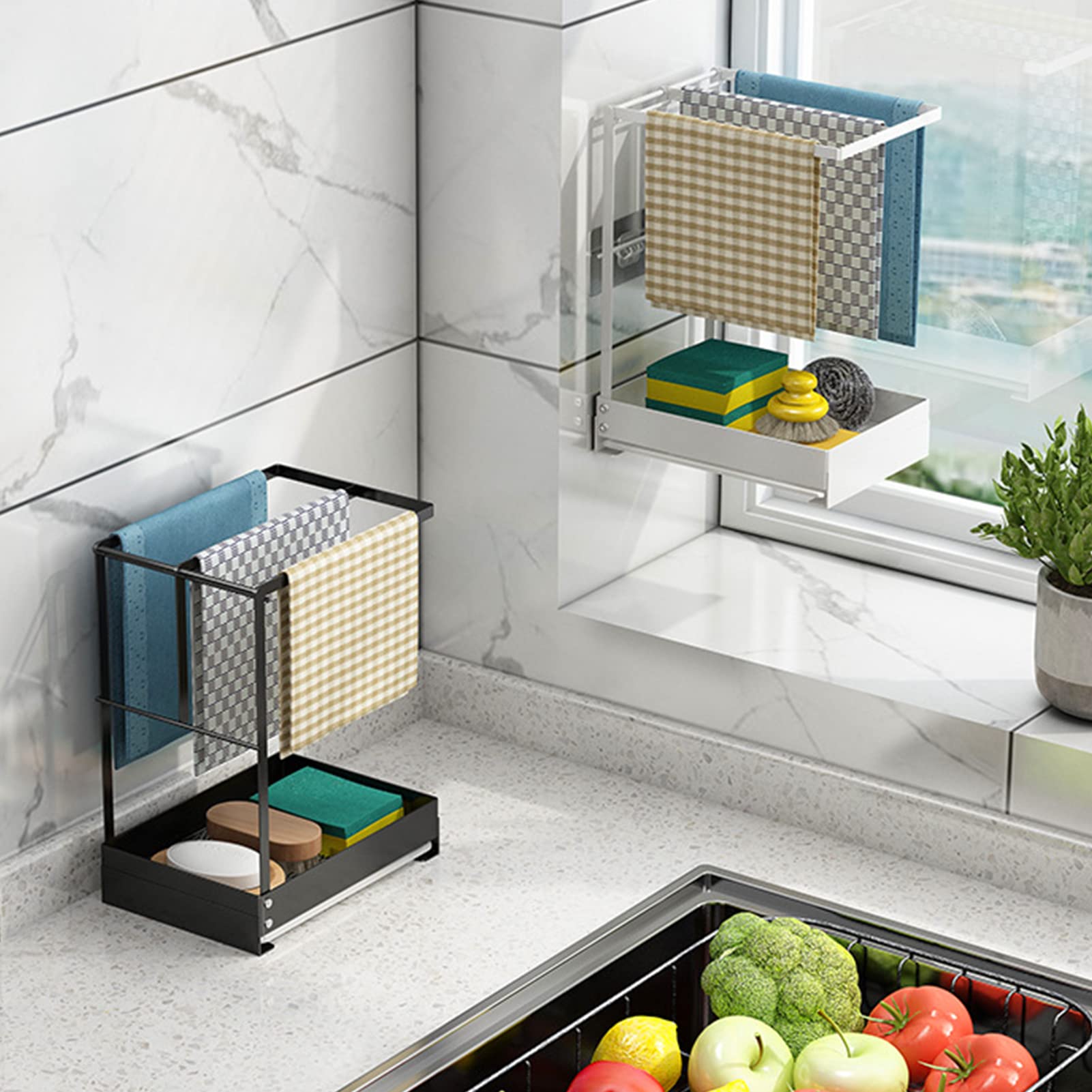 Organizador para fregadero de cocina, soporte para esponja para fregadero, soporte para paños de cocina, organizador para fregadero con bandeja de drenaje para almacenamiento de cocina, baño, fregad