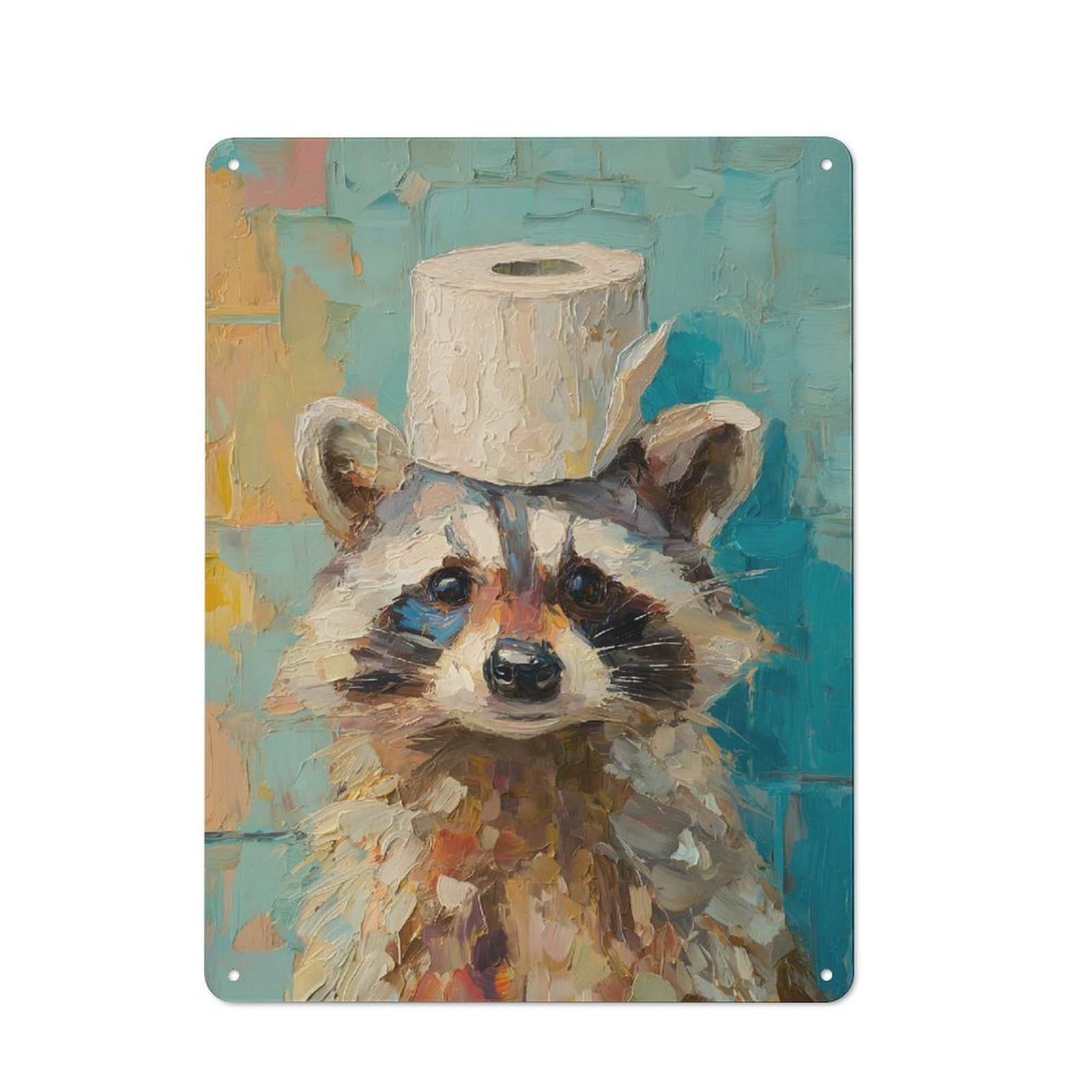 Raccoon with Toilet Paper Hat Painting(2) Rustic Metal Wall Decor 40x30cm, Garden Room Metal Sign for Patio Bar, Workshop, Shed Or Kitchen