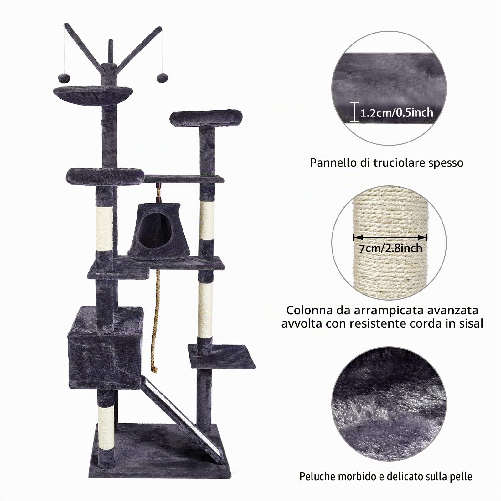 Meerveil Tiragraffi Albero per Gatti XXL Gatti Gioco gichi Palestra con Giocattolo per Gatto 3 Palle Cuccia Graffiatoio in Corda Sisal Naturale, con Amaca 210 cm, Grigio