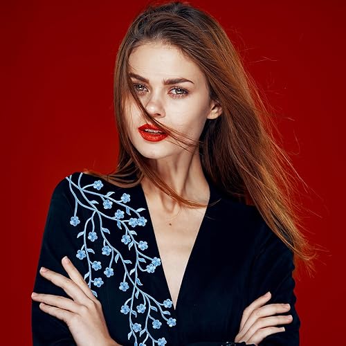 Miniatura 4 de OIIKI Adornos para vestidos de 2 piezas, parches bordados de ciruela, apliques de tela de encaje floral azul, parche bordado para manualidades de