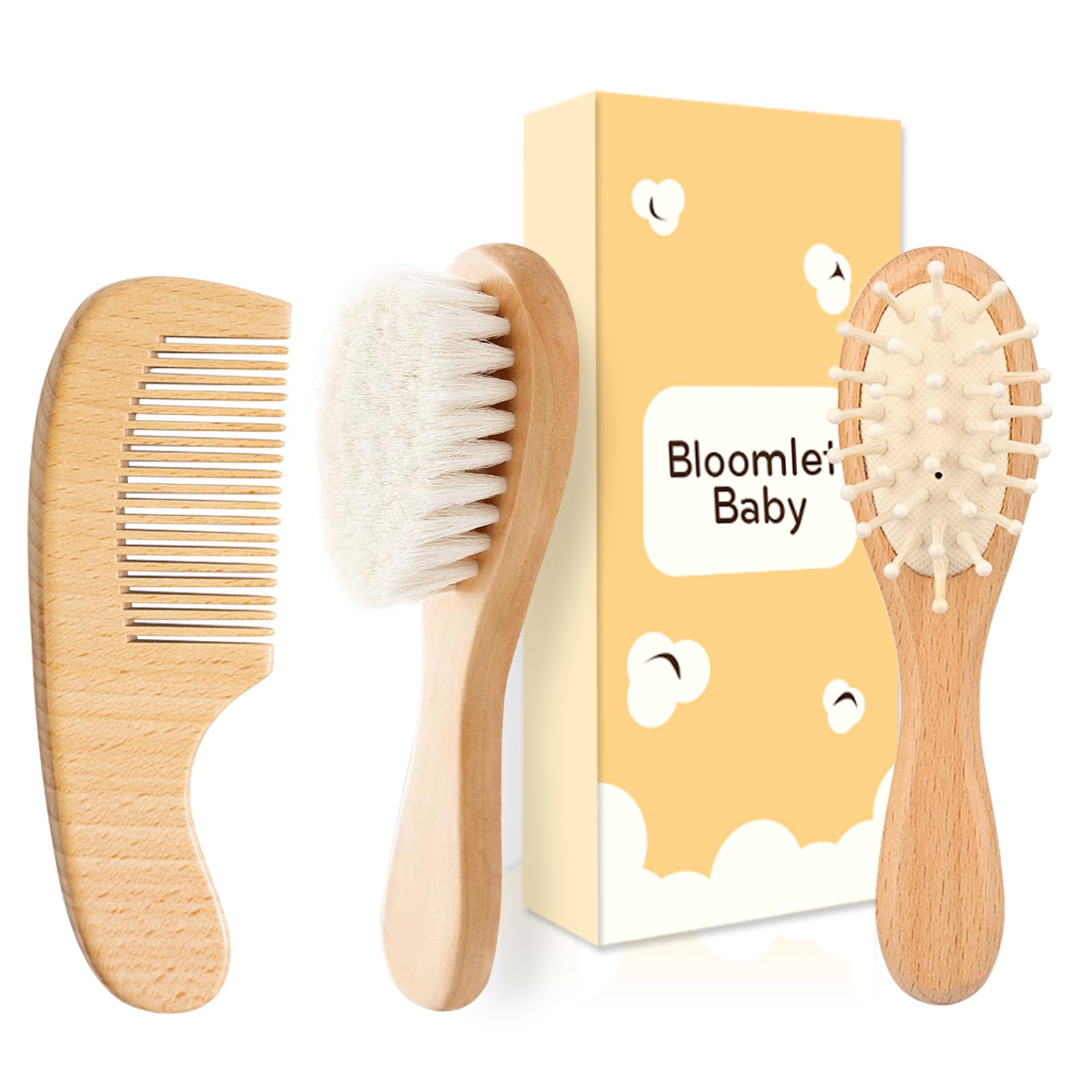 Juego de cepillo y peine de madera para bebé, 3 piezas, peine plano de madera de haya, cepillos de tilo con cerdas de lana suave y peine de cojín de aire de bambú, regalo ideal para