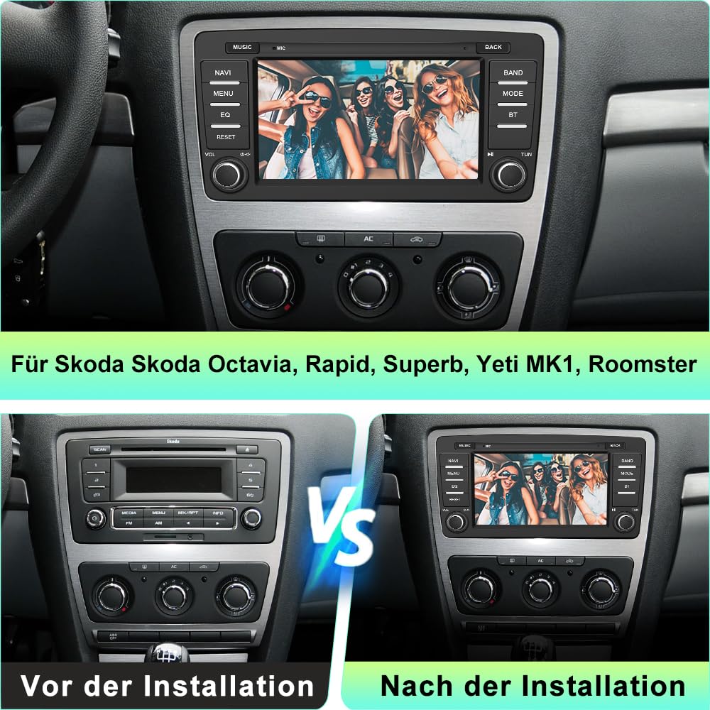 Junsun Android Autoradio für Skoda Octavia/Rapid/Roomster/Superb/Yeti 2004-2013 2GB+64GB CarPlay, Android Auto, FM Radio, Bluetooth, WLAN, Navigtion, Lenkradsteuerung