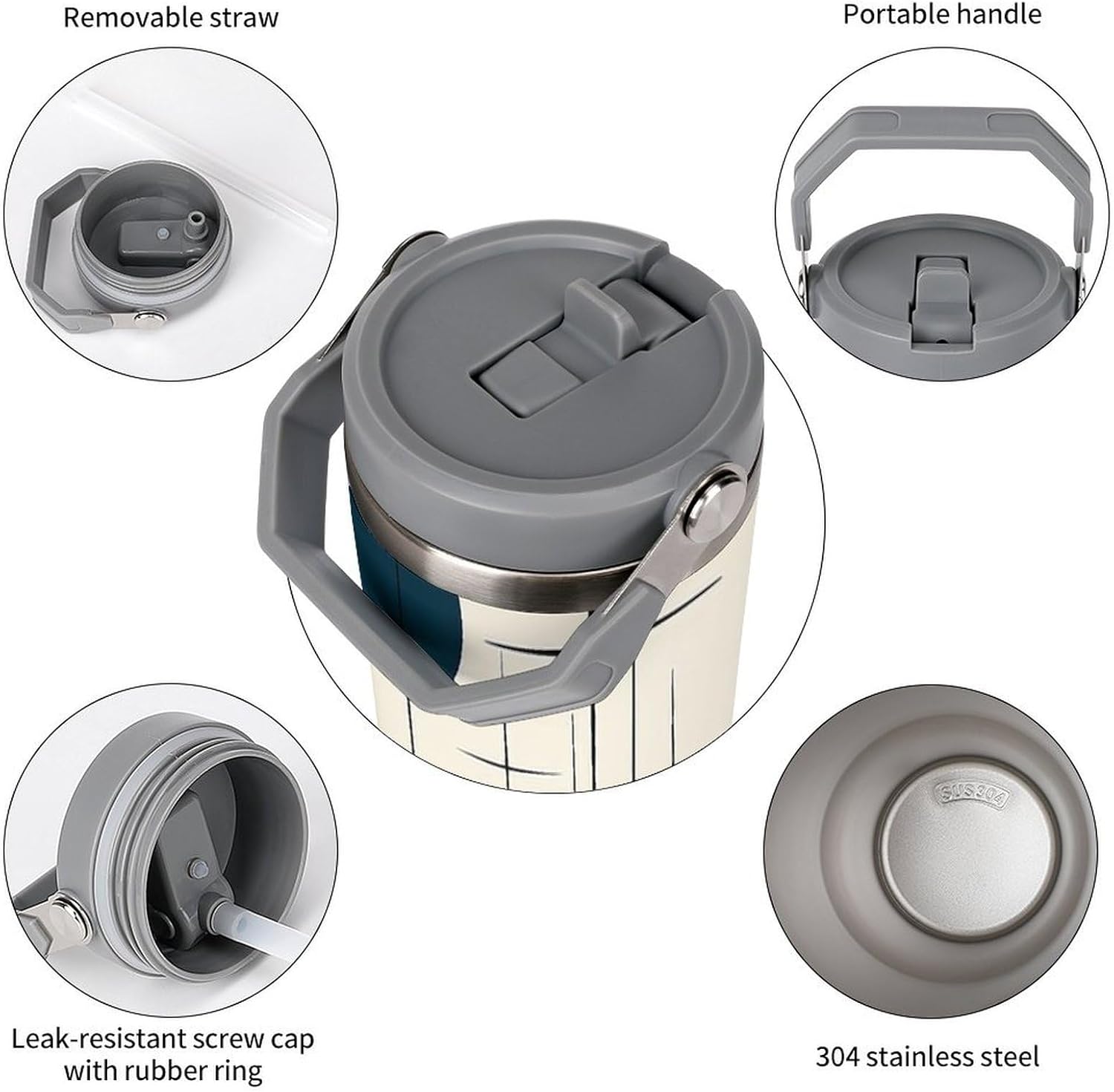 30oz Insulated Tumblers with Top Handle, Stainless Steel Modern Mid Century Car Cup with Straw for Gift, Leak-Proof Double Wall Vacuum Travel Mug, Personalized Water Bottles White