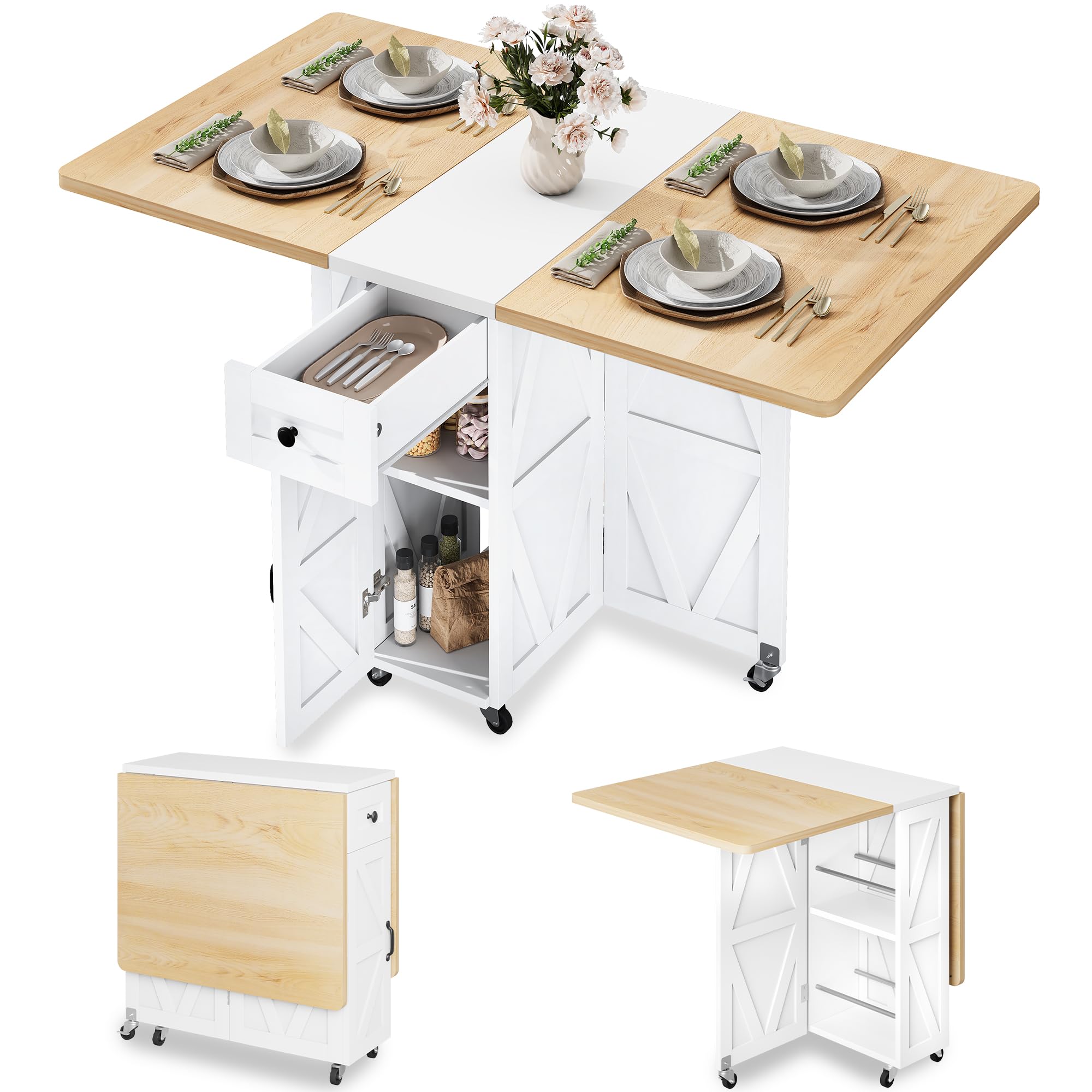 Jocoevol Table à Manger Pliante sur roulettes, Table De Cuisine avec Tiroir Et Espace De Rangement pour 2 À 4 Personnes, Idéale pour Petits Espaces, Salles À Manger Et Cuisines (Érable Blanc)