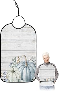 Kewadony Adult Bibs for Elderly Women - Thanksgiving Waterproof Dining Clothing Protectors with Crumb Catcher for Eating/Feeding, Blue Pumpkin Flower Leaves Fall White Wooden Terry Cloth Bib Washable