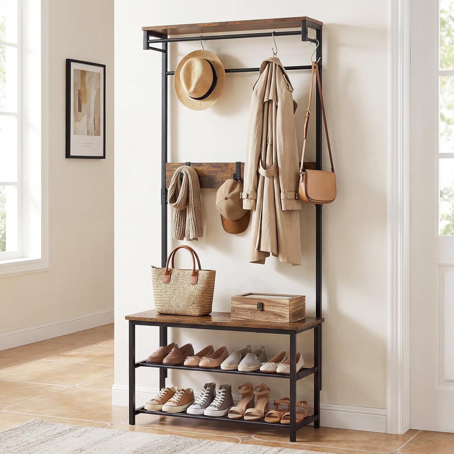 Tangkula Hall Tree with Bench and Shoe Storage, 4-in-1 Industrial Coat Rack with 6 Removable Hooks, Hanging Rod & Top Shelf, Metal Freestanding Coat and Shoe Rack for Entryway, Hallway, Bedroom