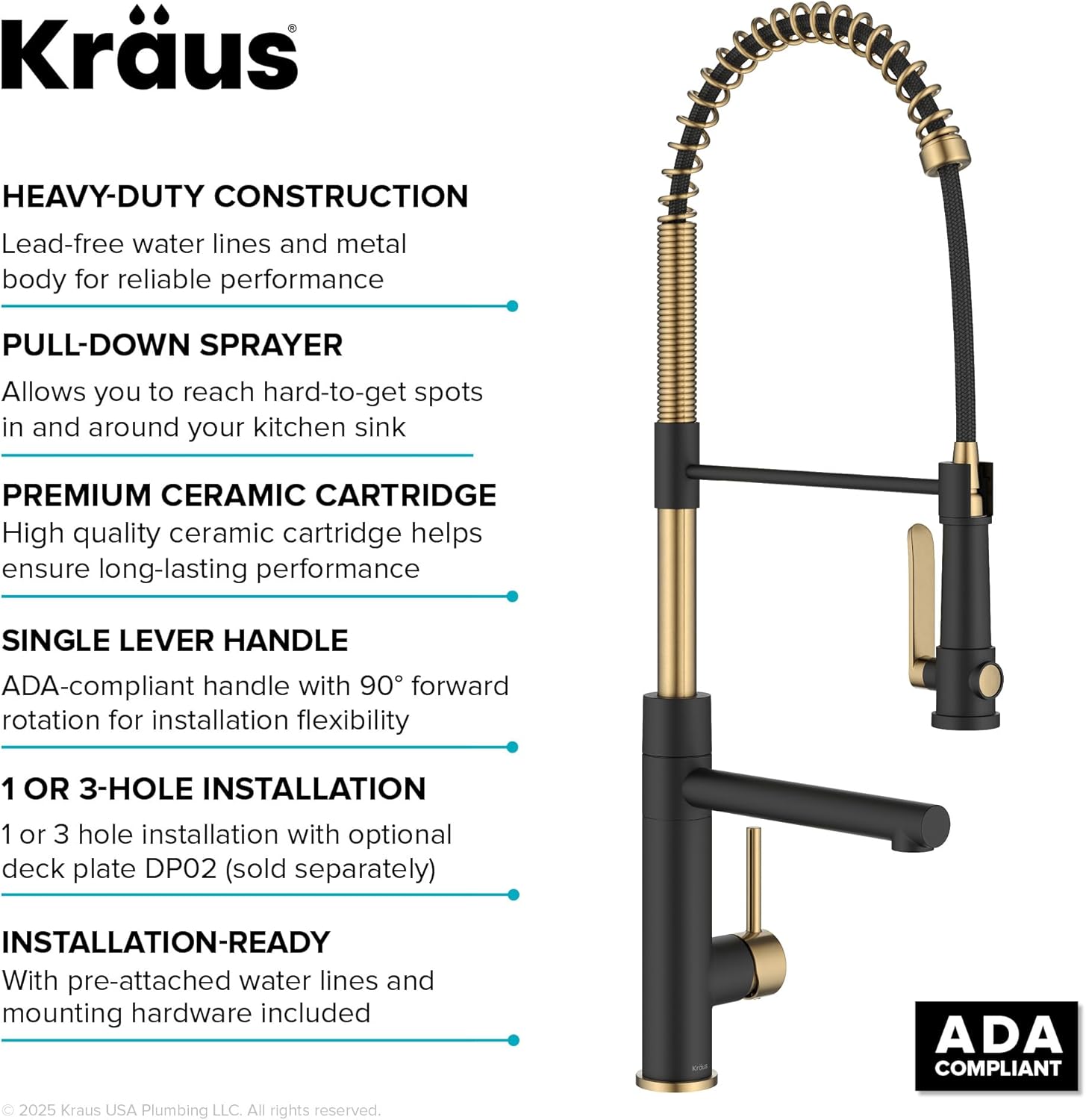 KRAUS Artec Pro Commercial Style 2-Function Single Handle Pull Down Kitchen Faucet with Pot Filler in Spot-Free Brushed Brass/Matte Black, KPF-1605BBMB