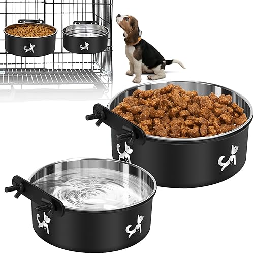 Cuencos para jaula para perros para colgar sin derrames, juego de 2 cuencos de agua para jaulas para perros, cuencos montables para perreras, Negro