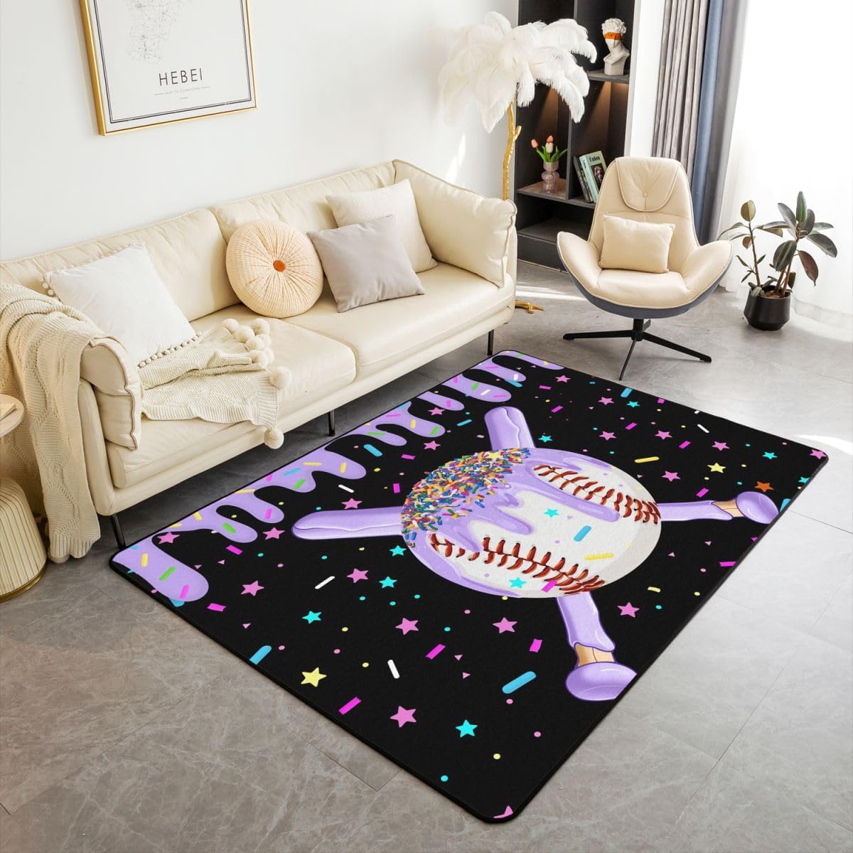 Erosebridal Purple Ice Cream 3 x 5 Area Rug,Sports Baseball Living Room Rugs,Ball Gaming Sport Indoor Floor Mat Summer Sweet Decorative Carpet