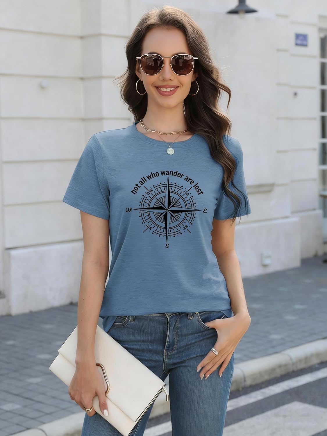 Graphic T-Shirts for Women Hiking Camping Trip Compass Printed Vintage Summer Casual Tees Holiday Workout Tops - Image 4