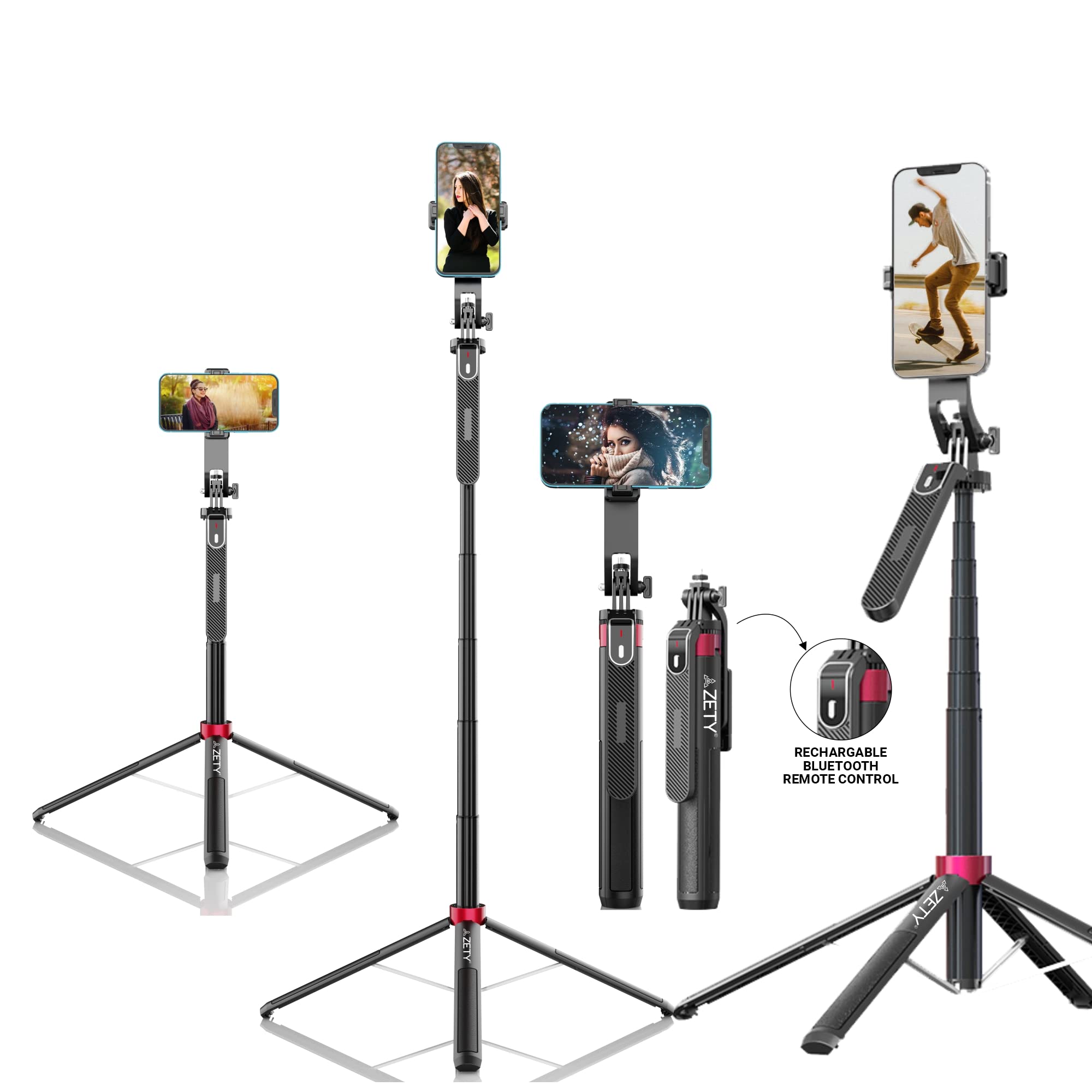 Zety Long Selfie Stick Tripod (180 cm/71 inch) | with Rechargeable Bluetooth Remote Control | Multi Purpose Selfie Stick Cum Phone Tripod | Extra Long Stick for Perfect Selfies and Panoramic Views (B0C28PQLQ3) Amazon Price History, Amazon Price Tracker