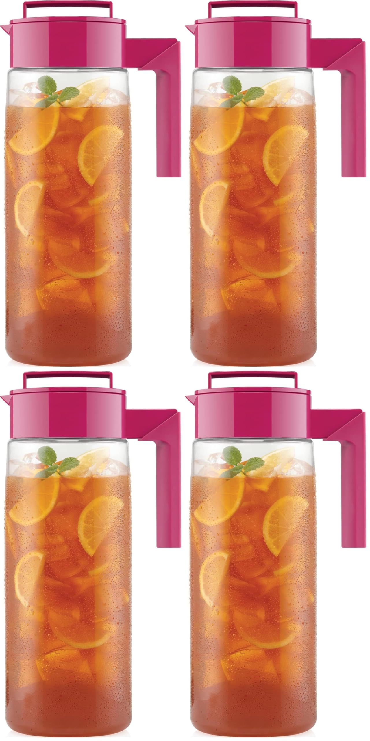 Takeya Airtight Pitcher - Everyday-Use for Iced Tea &amp; More - Clear with Lid - Lightweight Kitchen Essential - Spill-Proof &amp; Durable Kitchenware - 2 Quart, Raspberry (Pack of 4)