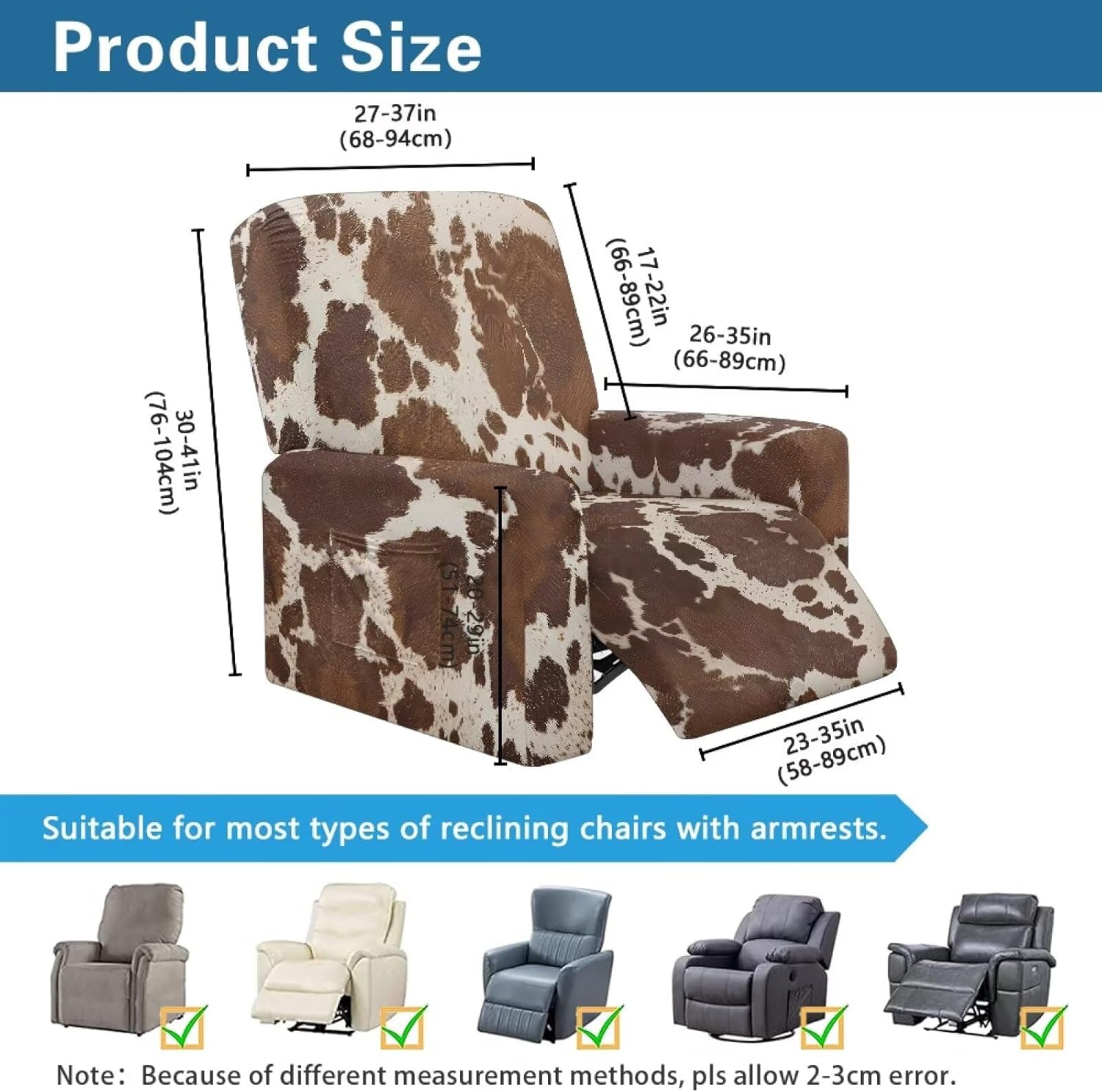 Cow Print Lazy Boy Recliner Chair Covers 4-Piece Covers for Recliners Elastic Bottom Slipcover Waterproof Washable Pet Safe Storage Pockets Furniture Protector